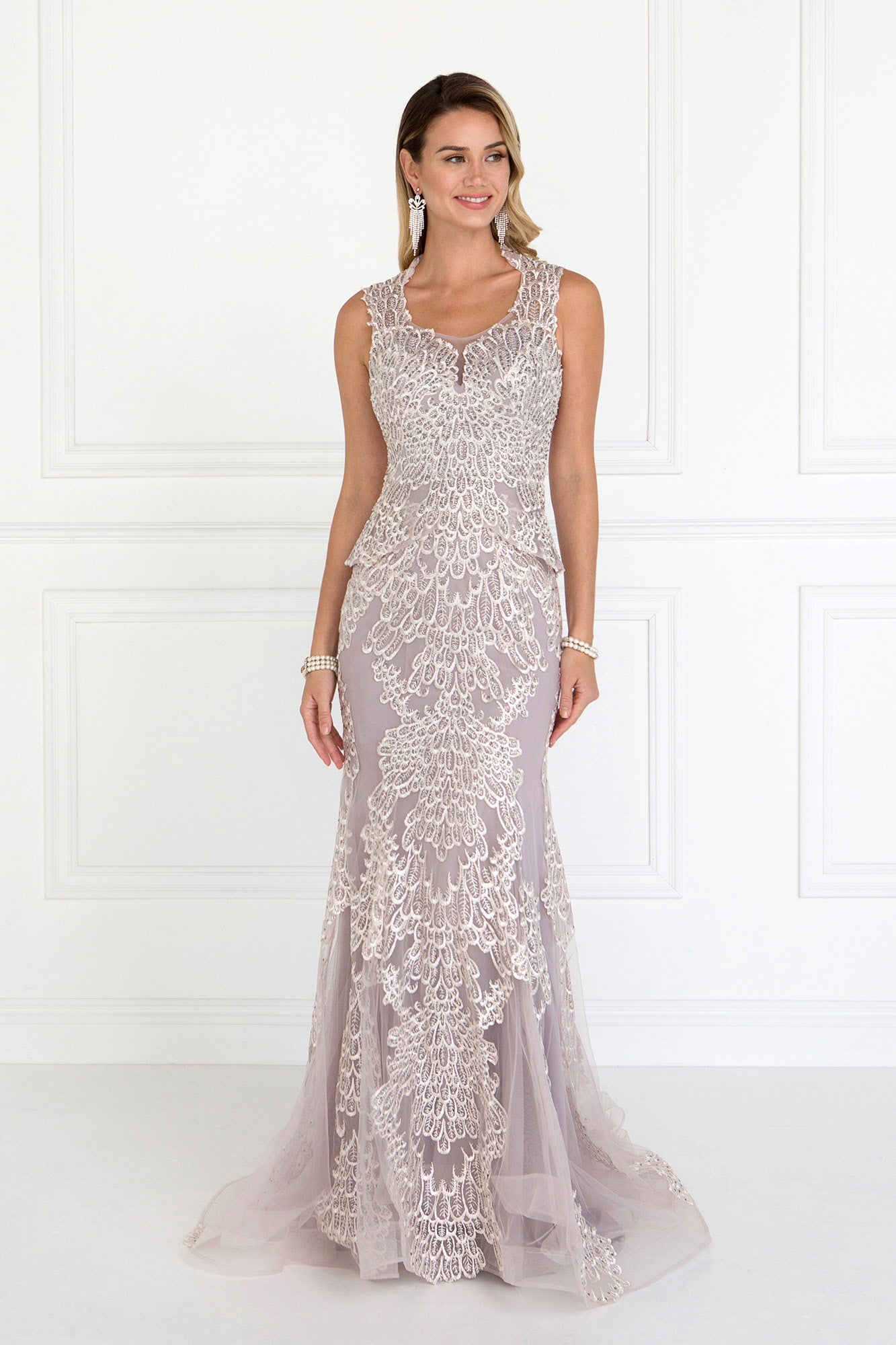 Mauve Mesh Mermaid Long Dress With Embroidery And Jewels Embellished
