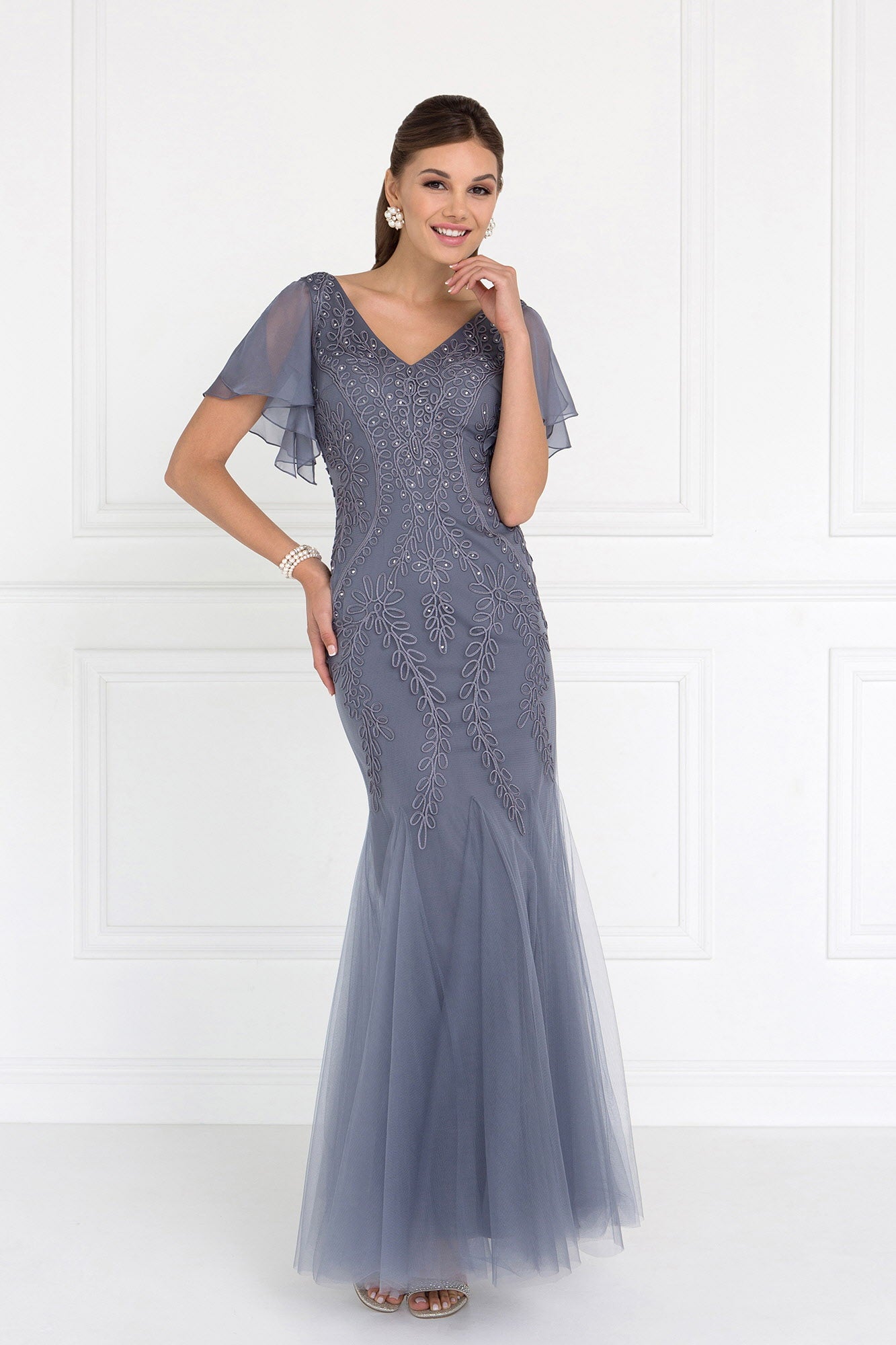 Navy Silver Eggplant Tulle V Neck Trumpet Long Dress With Short Sleeves