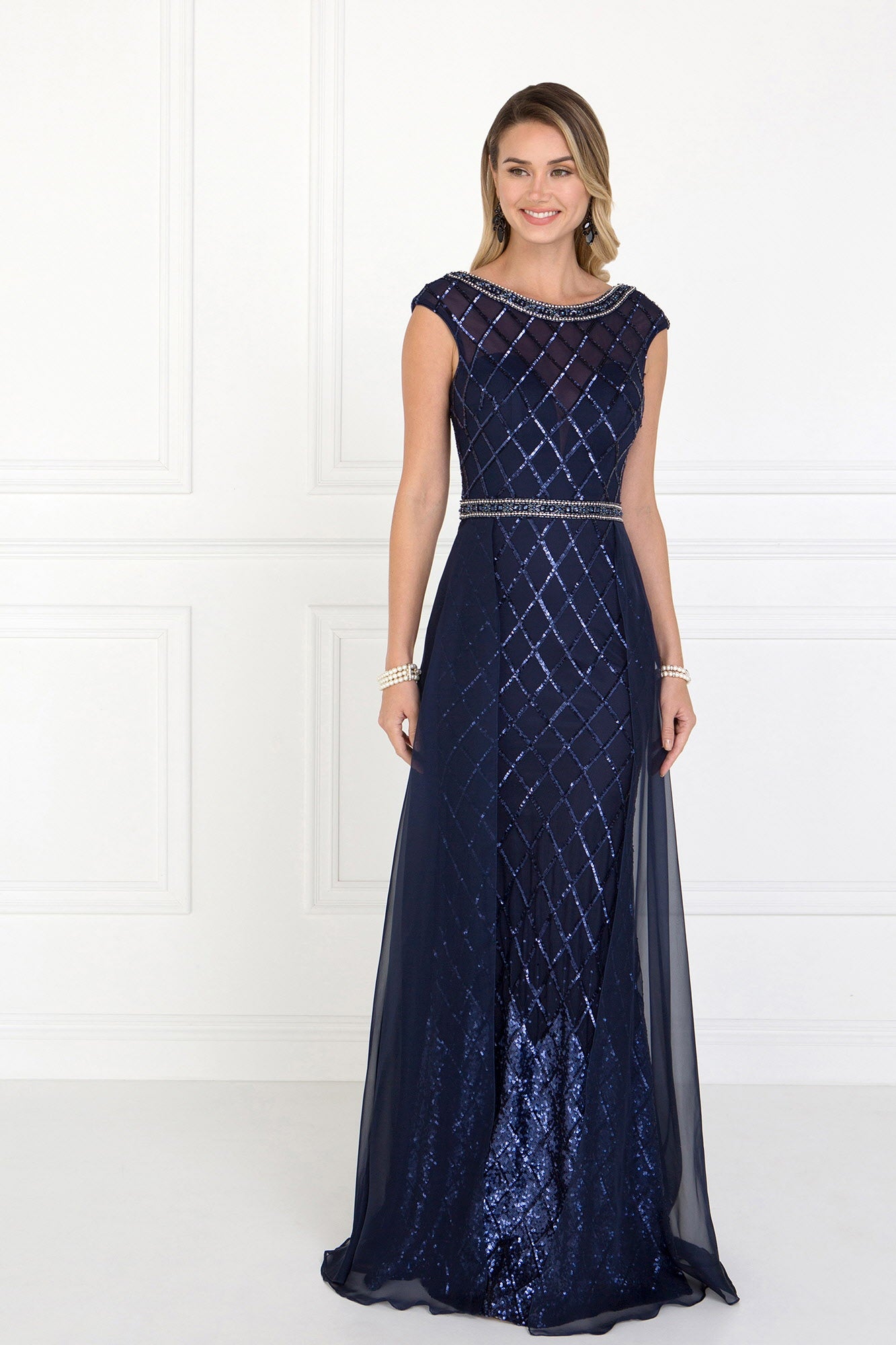 Rose Gold Navy Chiffon Empire Long Dress With Jewels And Chiffon Overlay
