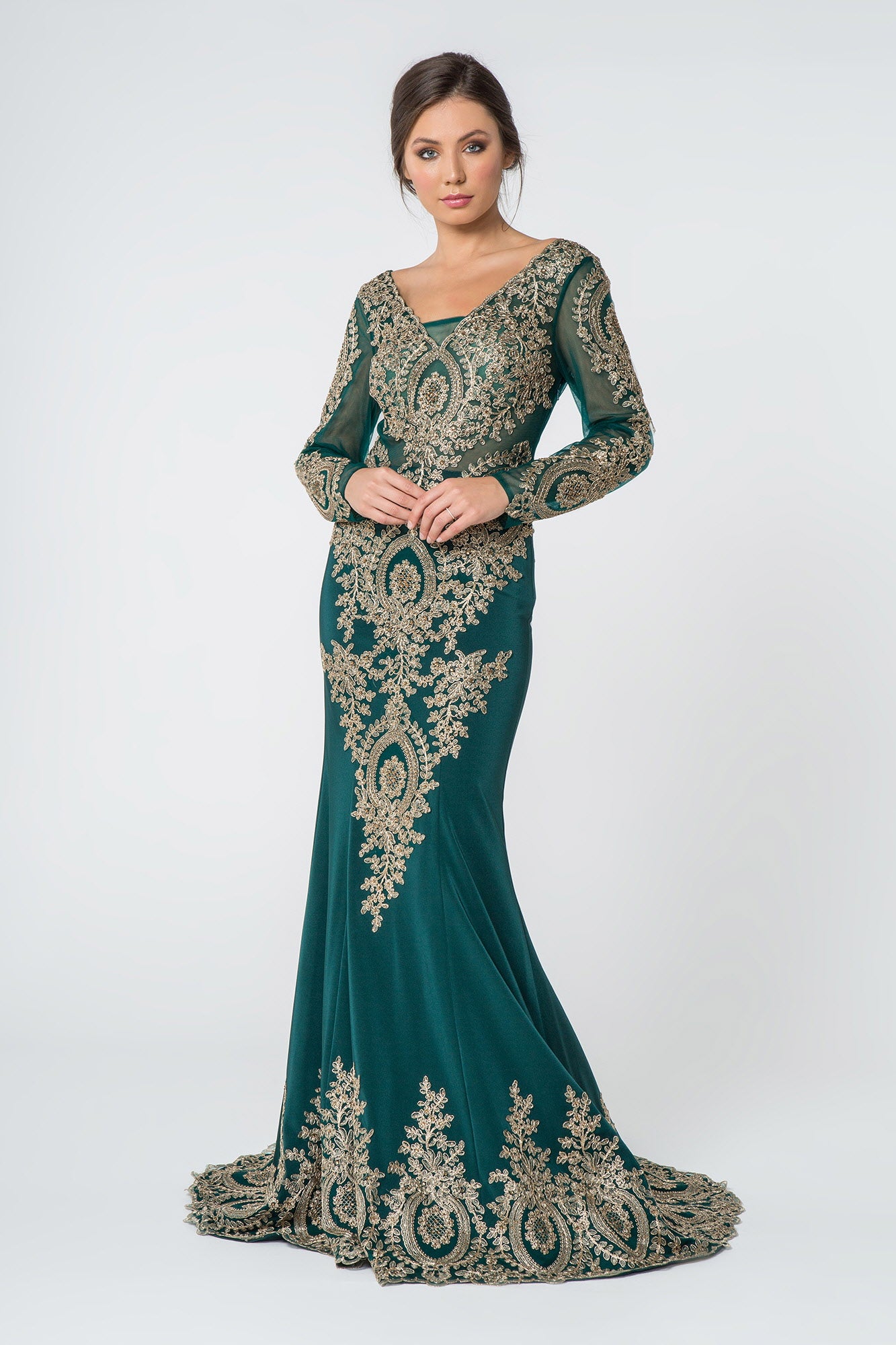 Navy Teal Rome Jersey Mermaid Long Dress With Sheer V Back