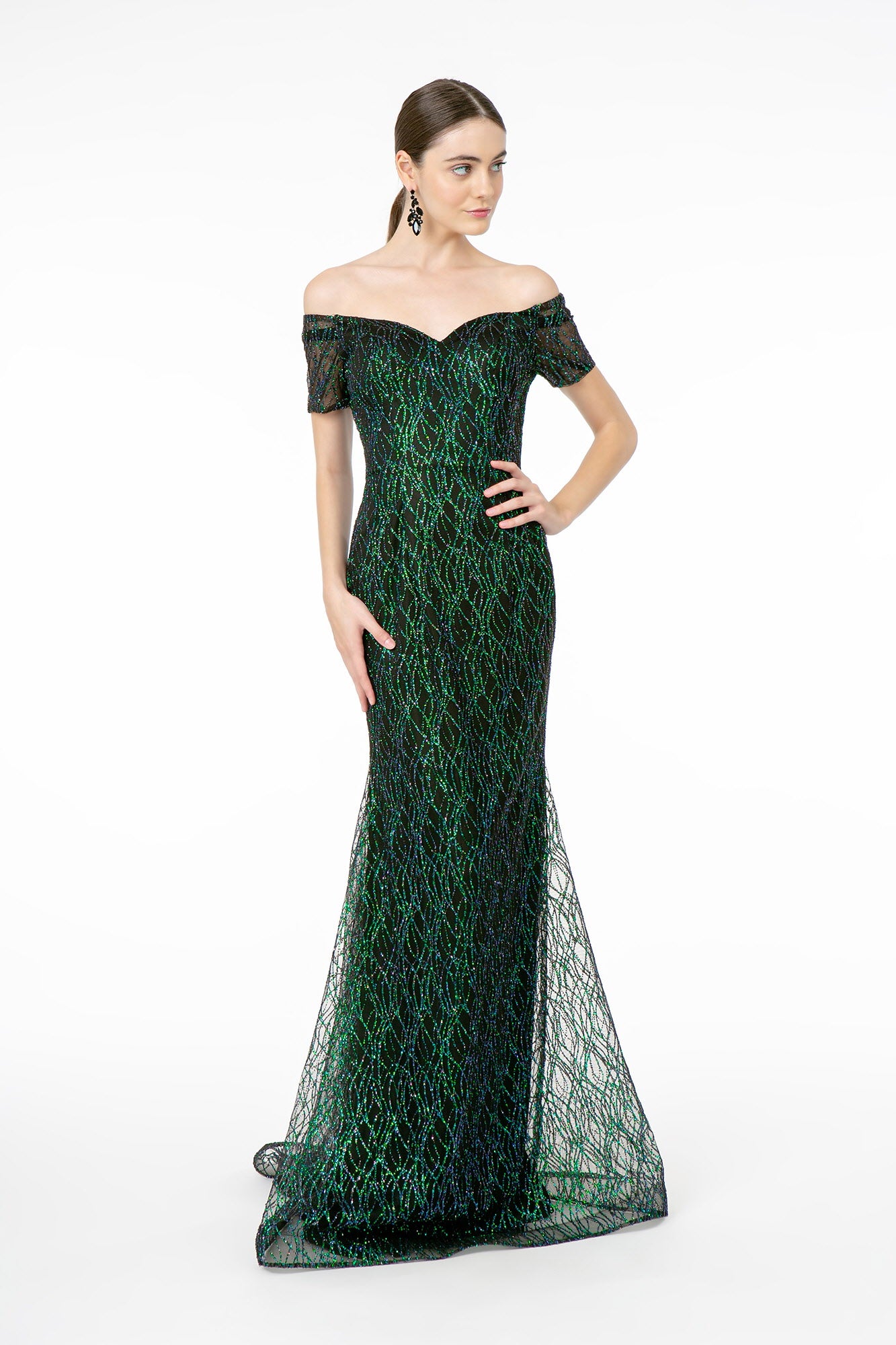 Black Green Burgundy Glitter Tulle Short Sleeve Mermaid Long Dress
