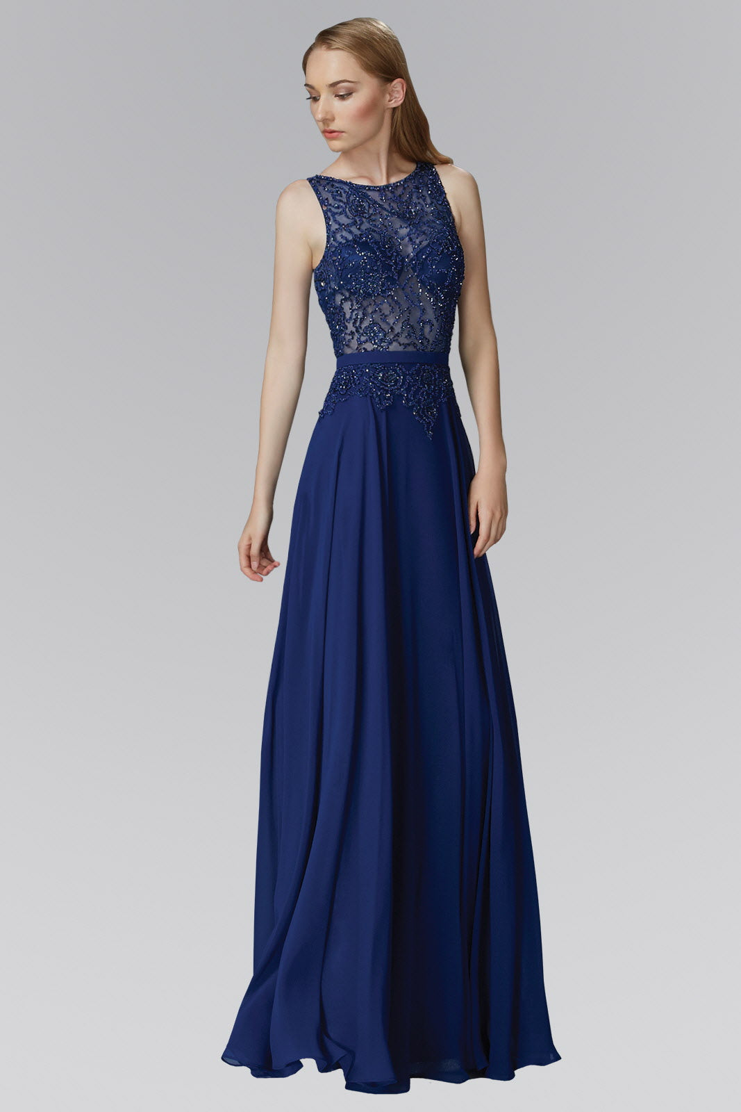 Aqua Navy Floor Length Chiffon Long Dress With Bead Embellished Sheer Bodice
