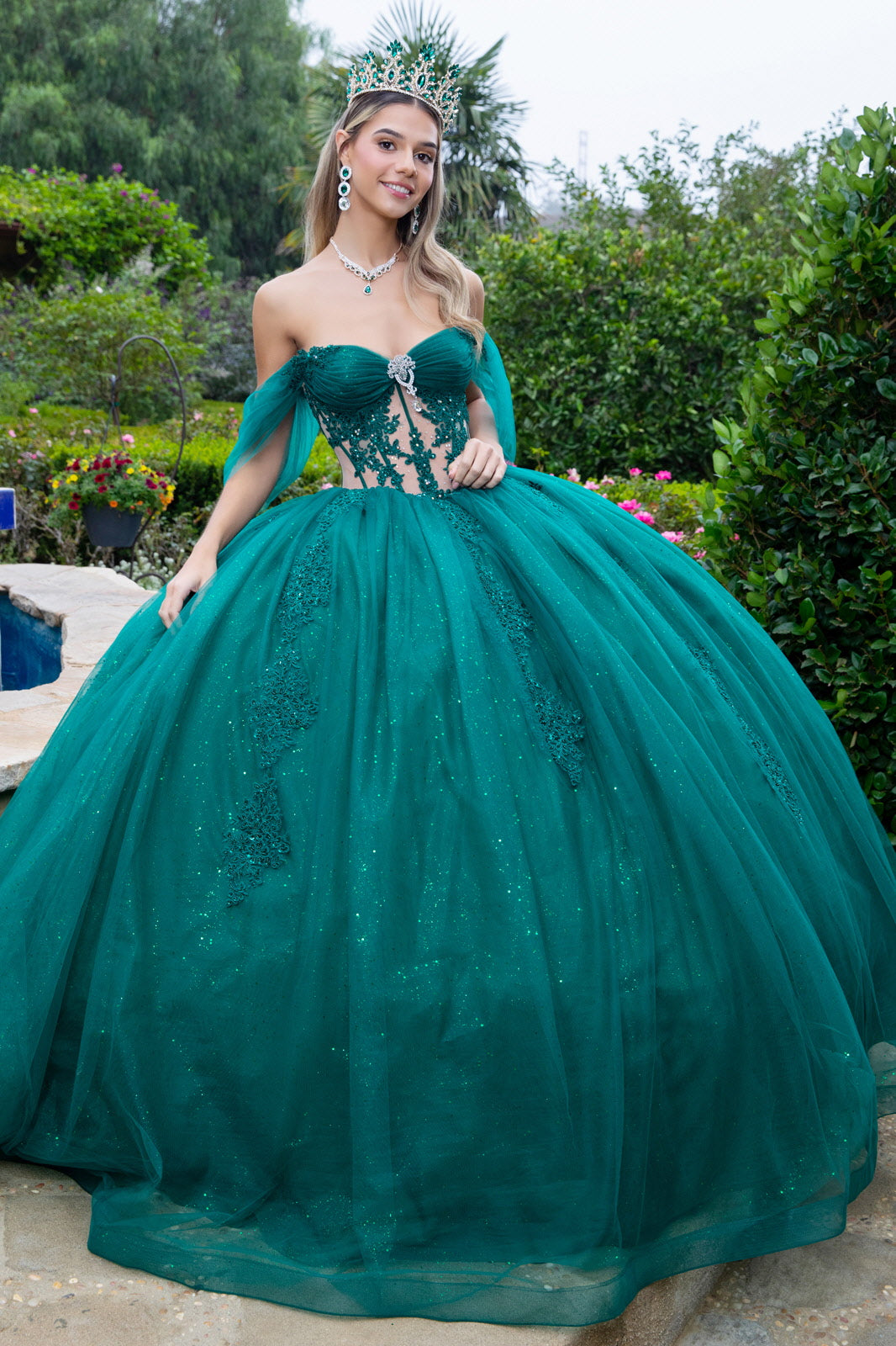 Sheer Bodice Lace Embellished Glittet Mesh Sweetheart Quinceanera Dress