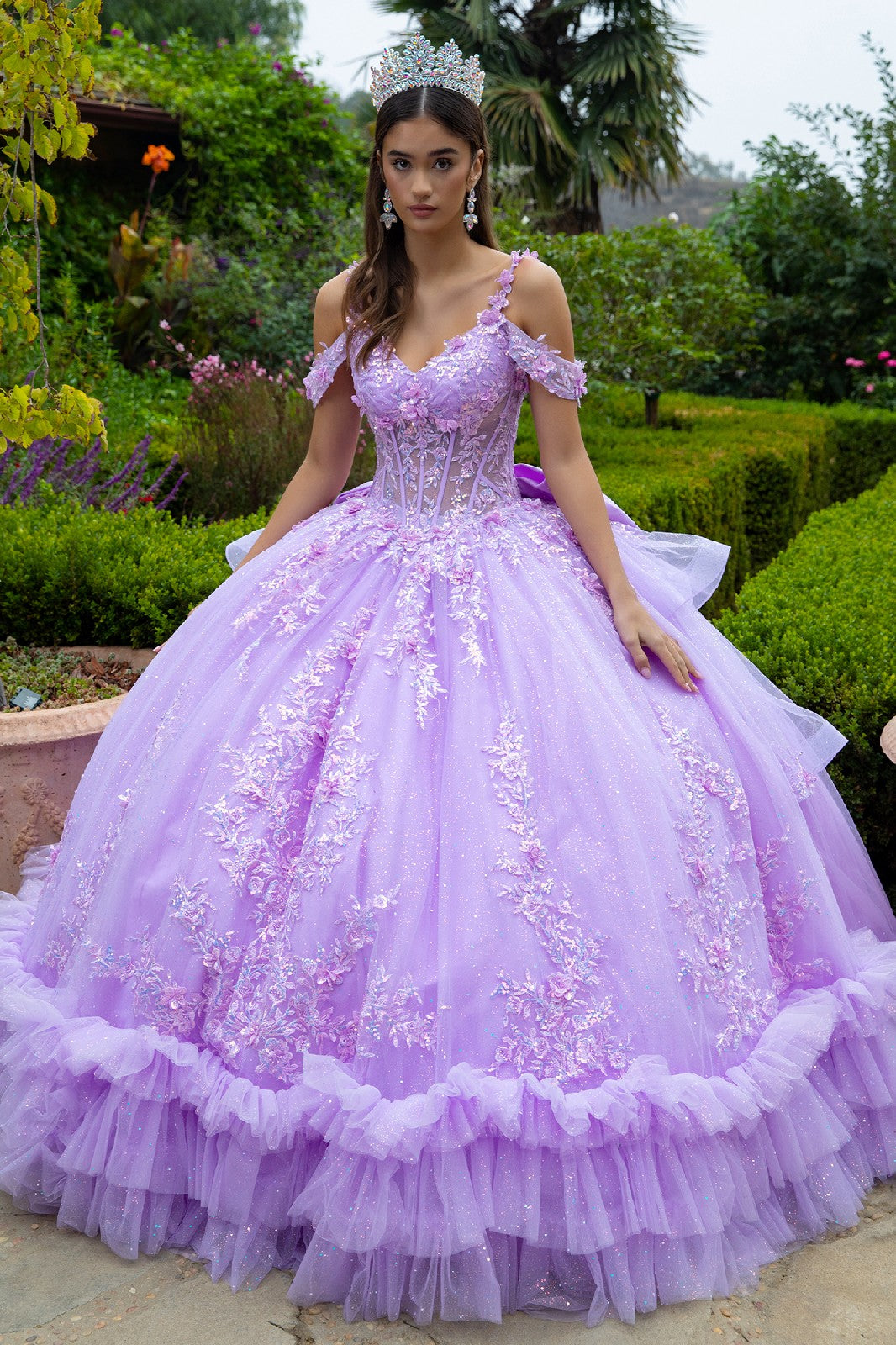 3D Flower Applique Embellished Cold Shoulder Layered Back Tiered Ruffle Hem W Detachable Back Bow