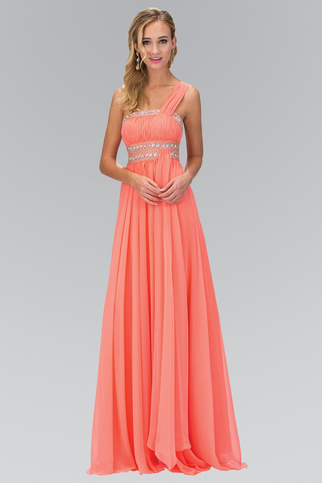 Aqua Coral Eggplant Lilac Teal One Shoulder Floor Length Empire Dress With Jewel Detailing