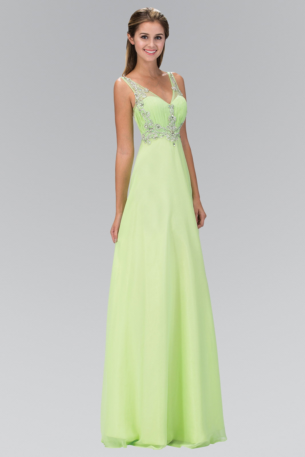 Light Green Tiffany V Neck Chiffon Long Dress With Beaded Sheer Straps