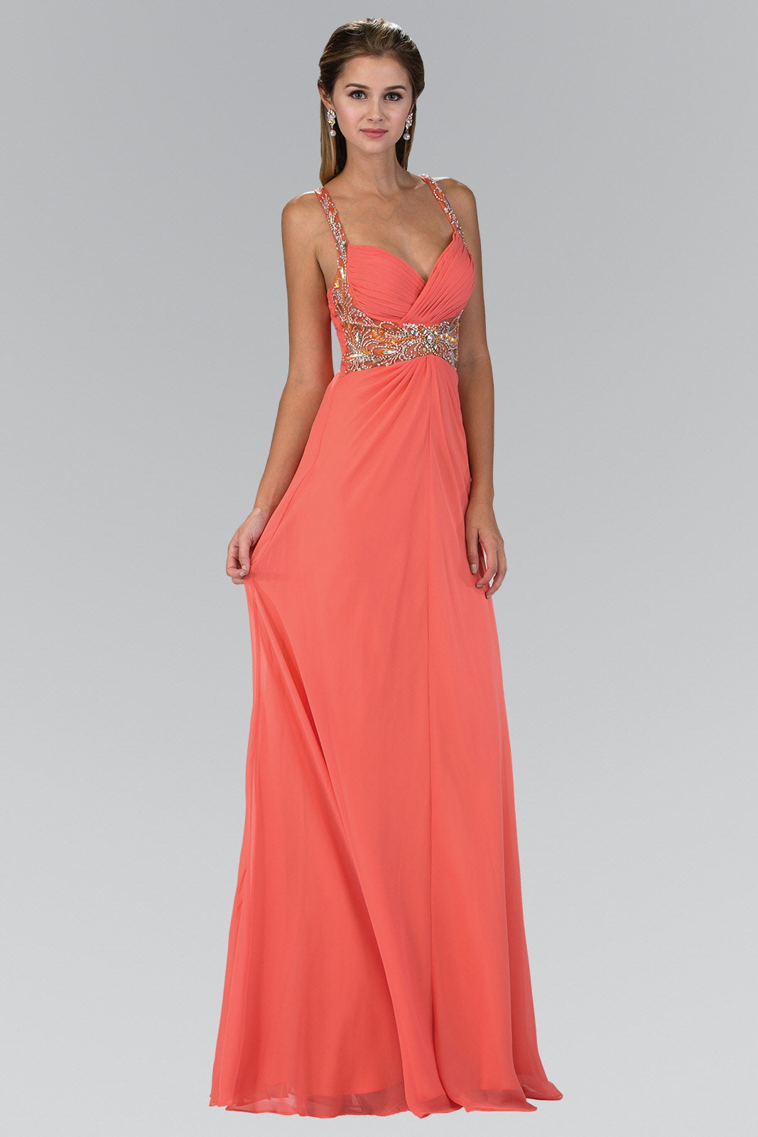 Coral Green Jewel Embellished Chiffon Long Dress With Ruched Bodice