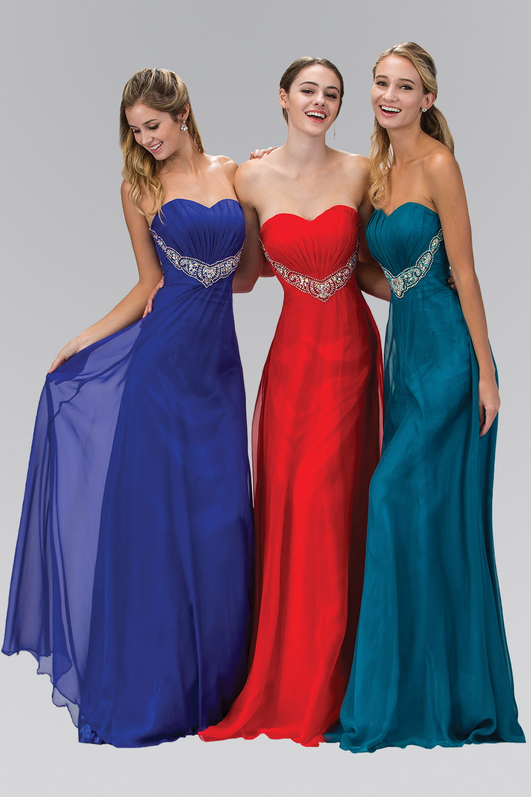 Coral Purple Red Teal Strapless Sweetheart Chiffon Long Dress With Pleated Bodice And Bead Detailing