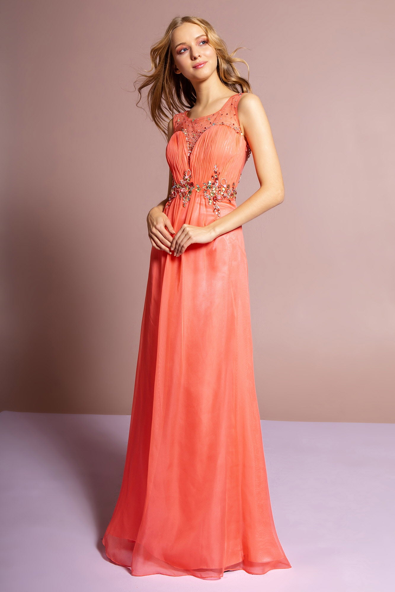 Coral Emerald Green Hot Pink Ruched Bodice Chiffon Long Dress With Jeweled Neckline And Waist