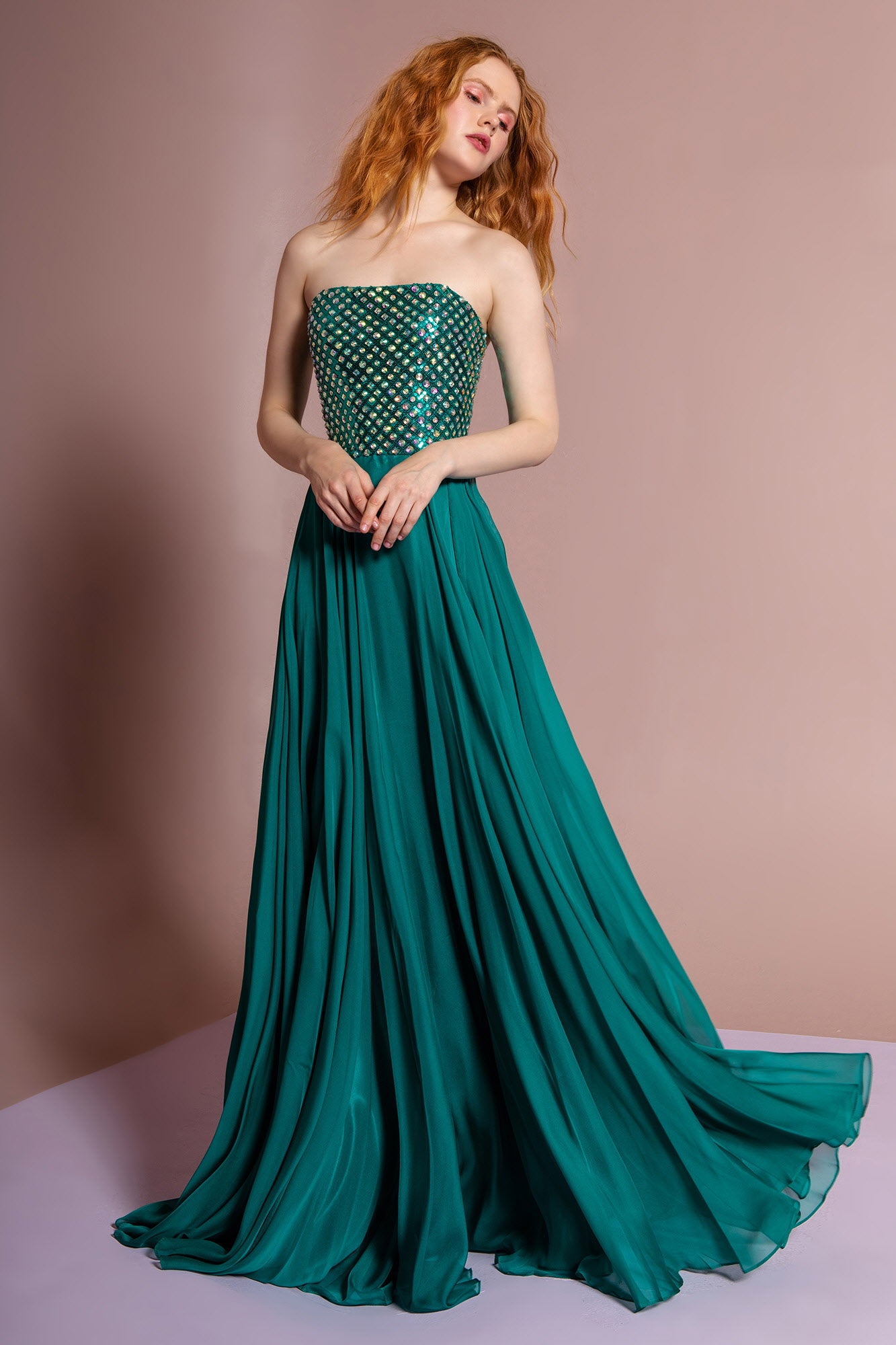 Fuchsia Green Strapless Chiffon Floor Length Dress Accented With Jewel