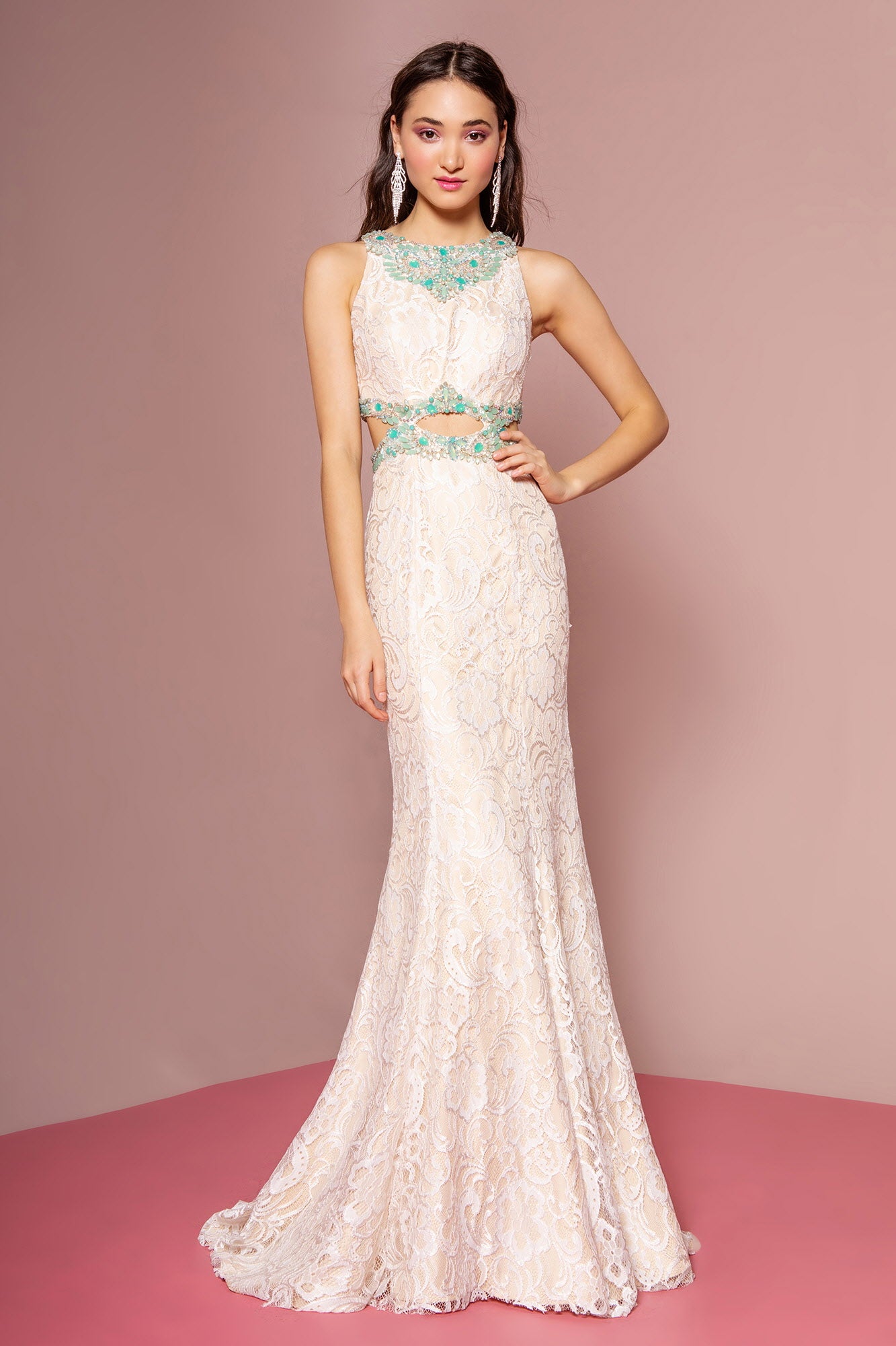 Ivory Nude Long Ivory Lace Dress Accented With Bluish Jewel And Cut Outs