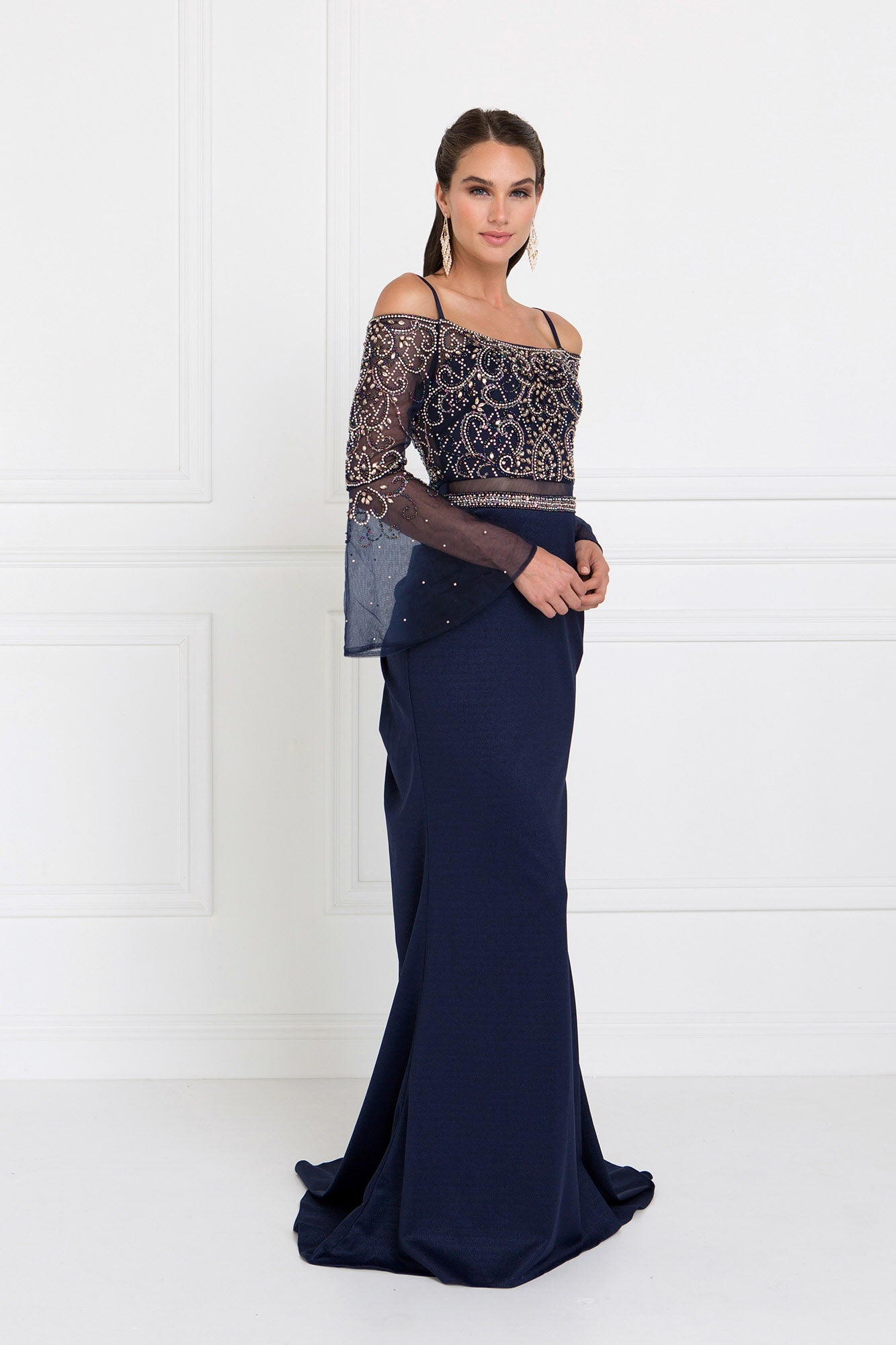 Burgundy Navy Rome Jersey Mock Two Piece Mermaid Long Dress With Bell Sleeves
