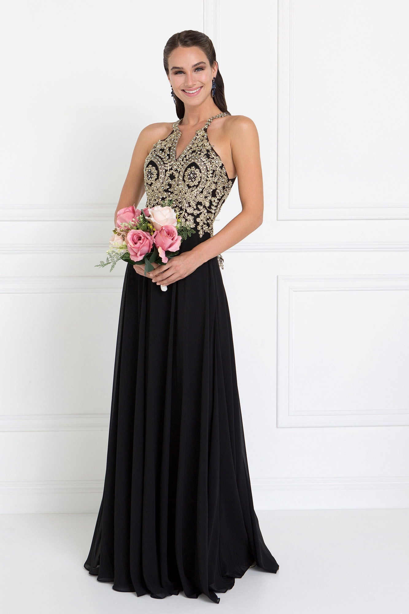 Black Burgundy Champagne Blush Chiffon Deep V Back A Line Long Dress Accented With Embroidery