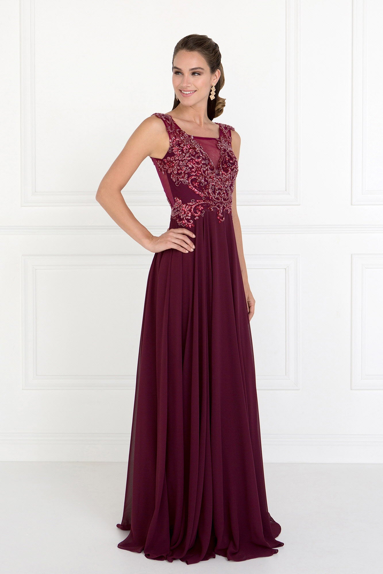Burgundy Navy Chiffon Illusion V Neck A Line Long Dress With Beads Embellished