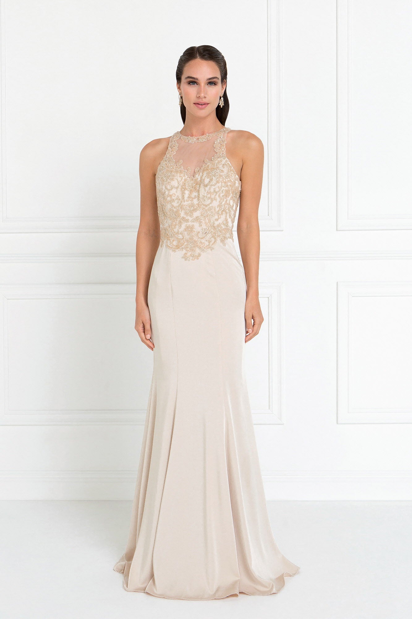 Champagne Navy Charmeuse Mermaid Long Dress With Beads And Sequin Embellished