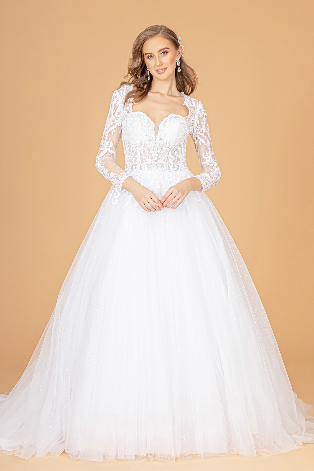 Ivory Cream Illusion V Neck Embroidered Mesh Wedding Gown With Sequin Lining