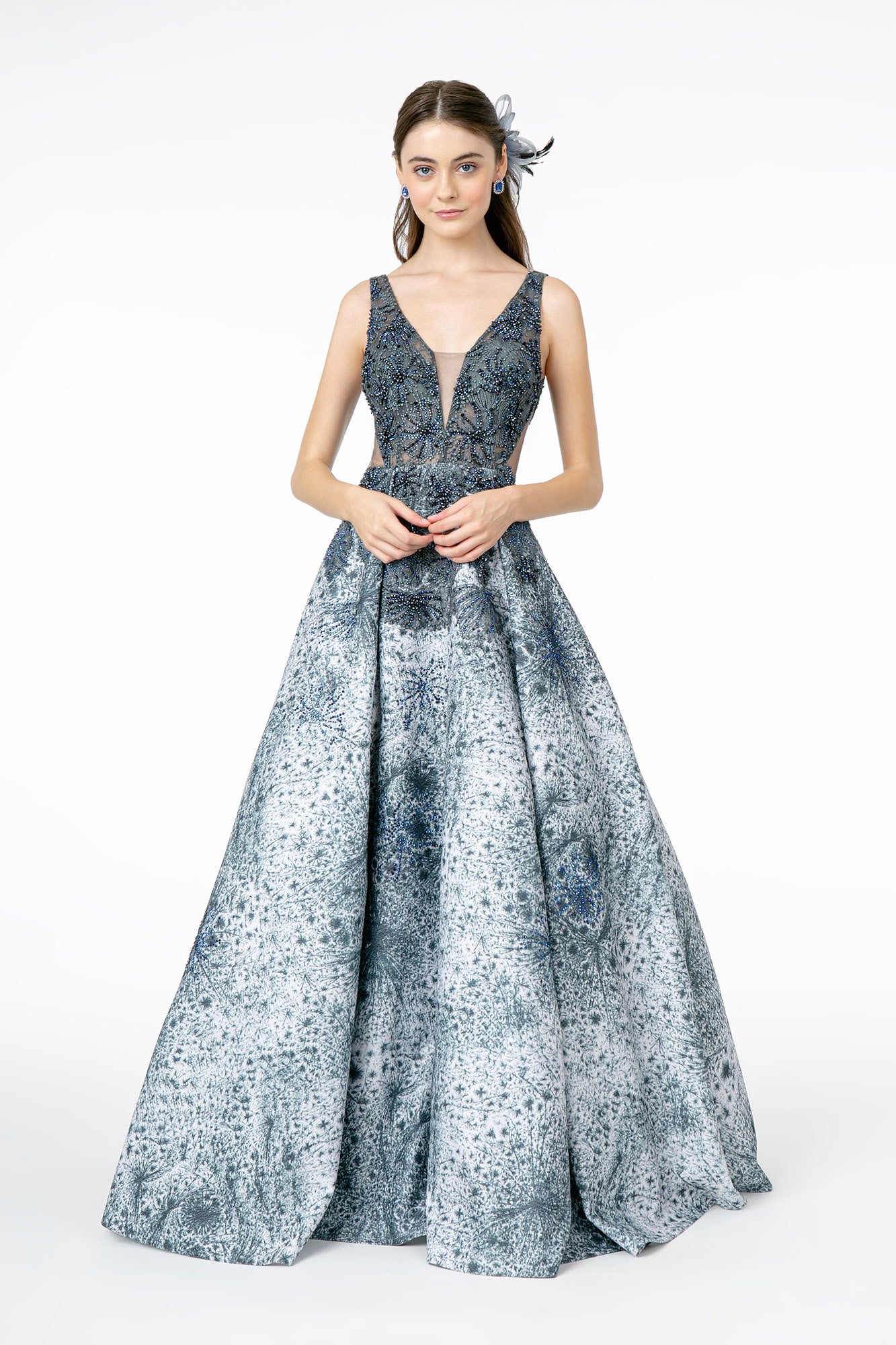 Dark Green Jewel Embellished Sleeveless Illusion Deep V Neck A Line Long Dress
