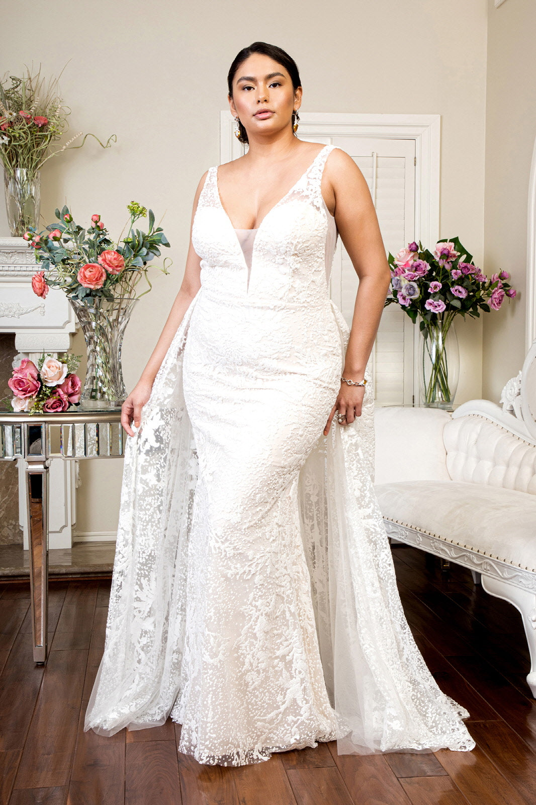 Illusion V Neck Sheer Side And Back Mermaid Wedding Gown W Detachable Mesh Laye