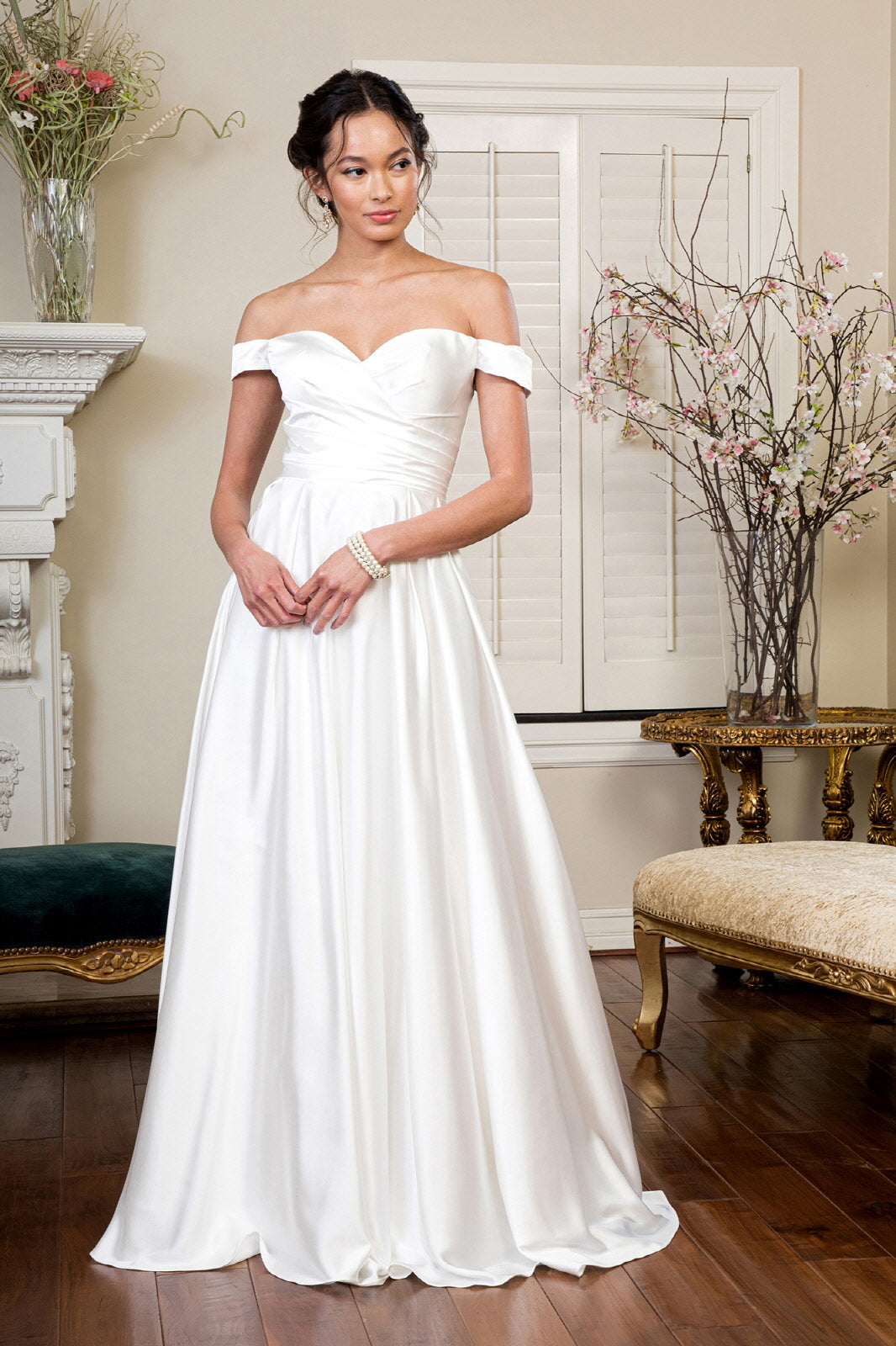Pleated Waistline Sweethearted Cut Away Shoulder Satin A Line Dres