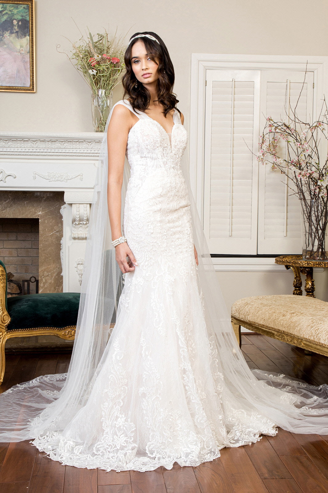 Embroidered V Neck Mermaid Wedding Gown W Detachable Cape