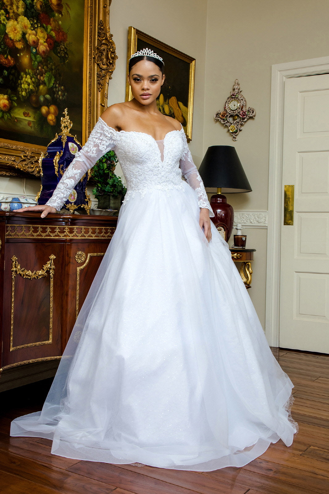 Cut Away Shoulder Sheer Sleeve Embroidered Sweetheart Mesh Wedding Gown
