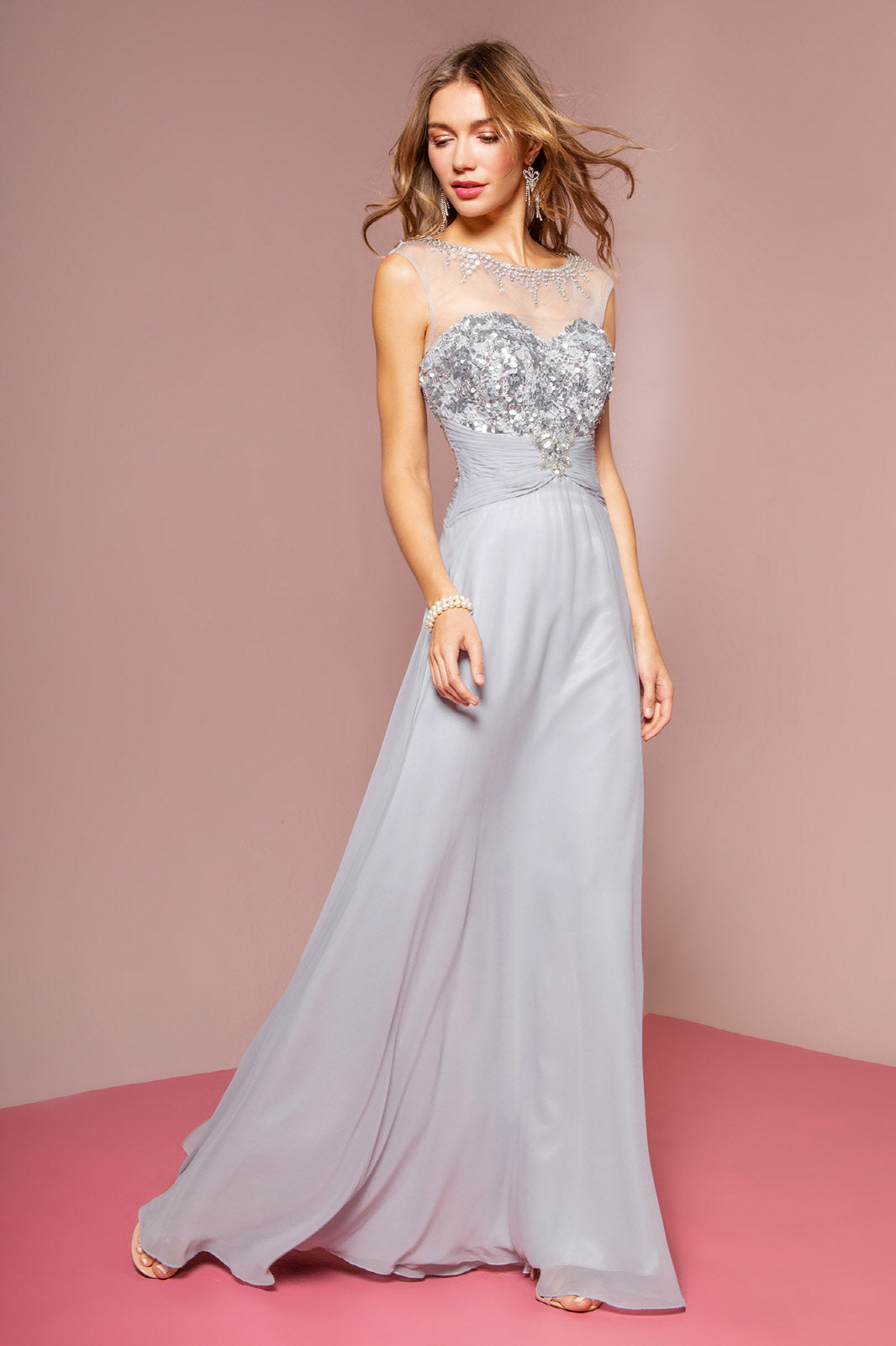 Dusty Rose Silver Sequin Embellished Chiffon Long Dress With Beaded Sweetheart Illusion Neckline