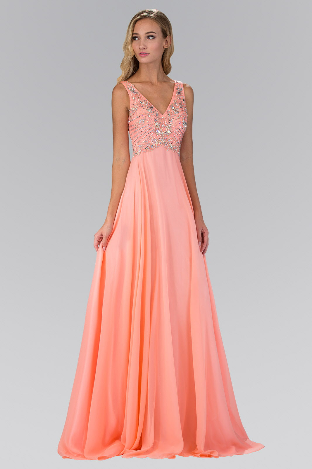 Peach Tiffany V Neck And Back Chiffon Floor Length Dress With Jewel And Sequin Bodice