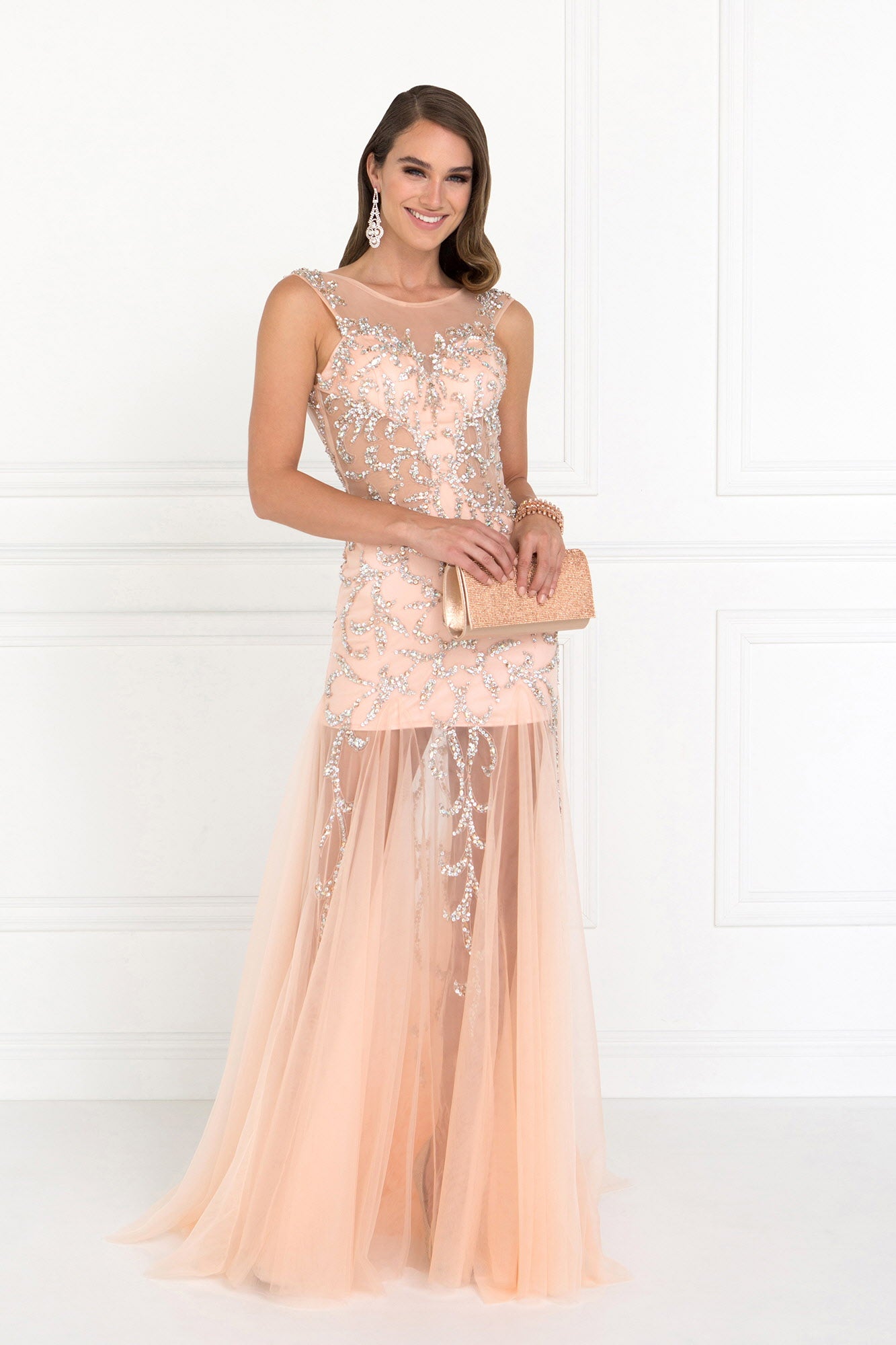 Nude Peach Beaded Floor Length Dress With Sheer Bodice And Open Back
