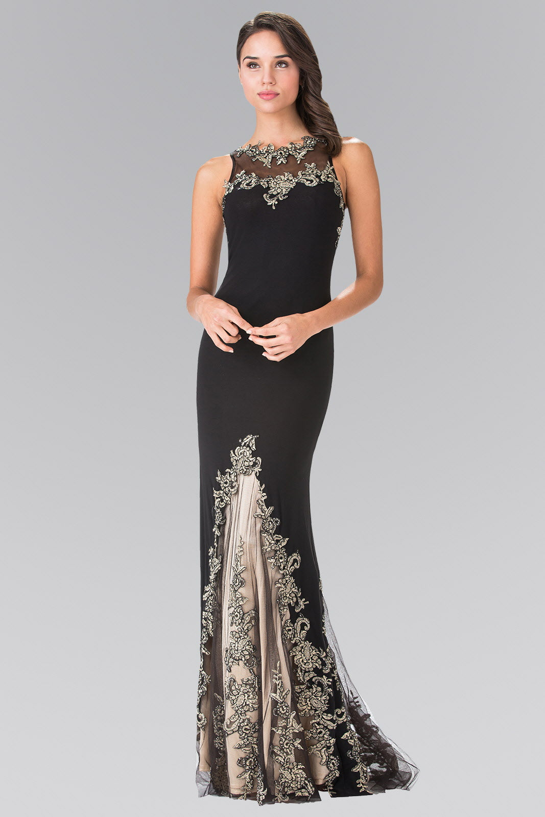 Black Eggplant Long High Neck Dress Accented With Embroidery