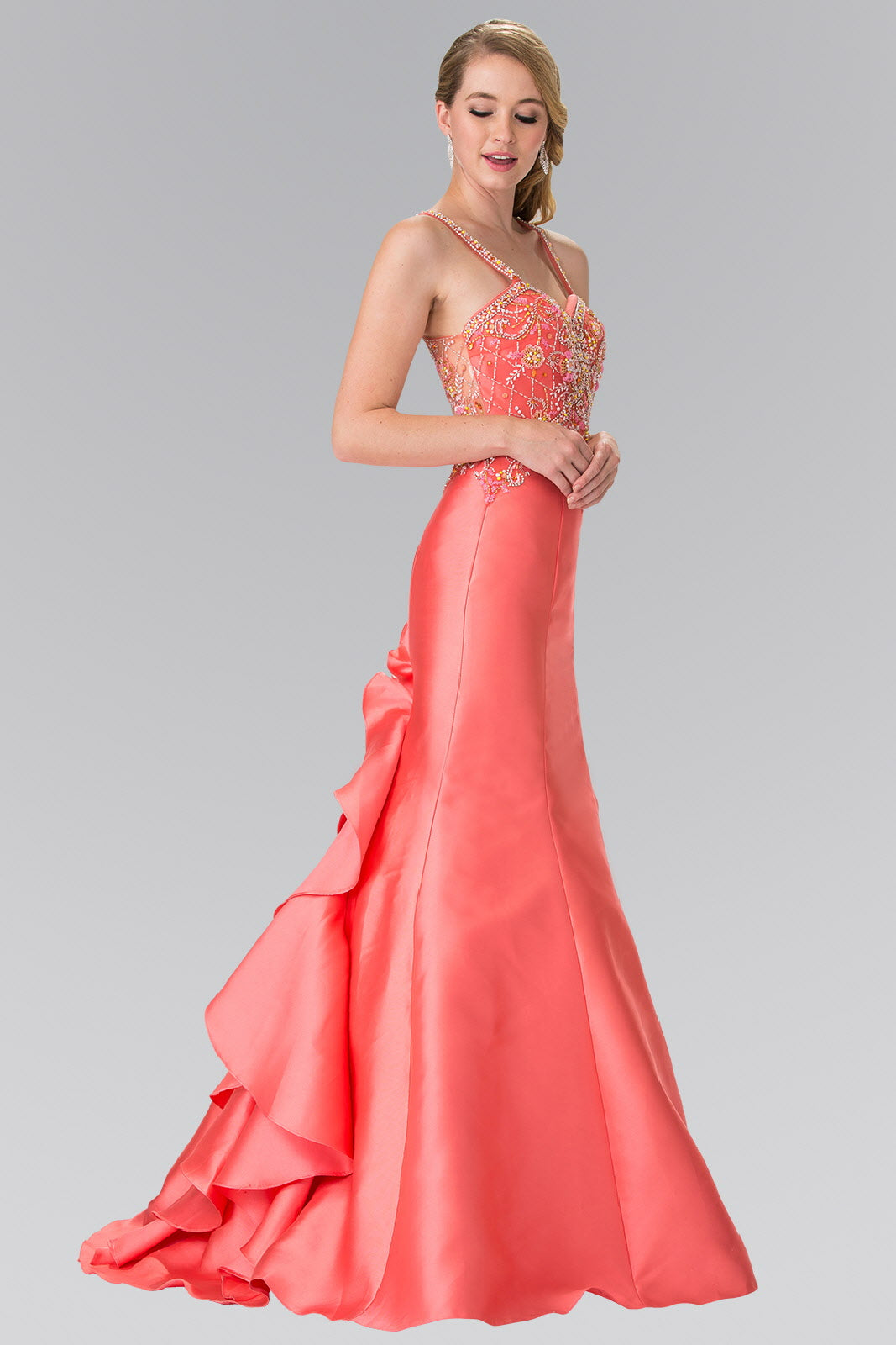 Coral Tiffany Ruffle Back Sweetheart Mikado Dress Accented With Beading Details