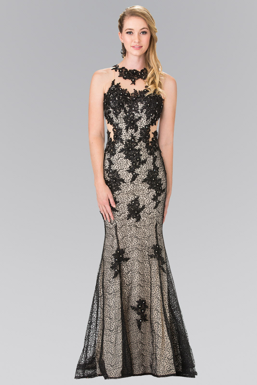 Black Silver High Neck Mermaid Long Lace Dress With Embroidered Illusion Bodice