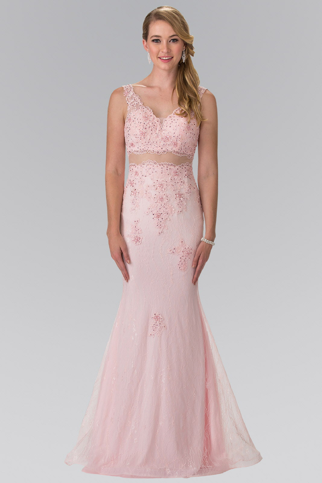 Blush Mock Two Piece V Neck Embroidered Lace Long Dress