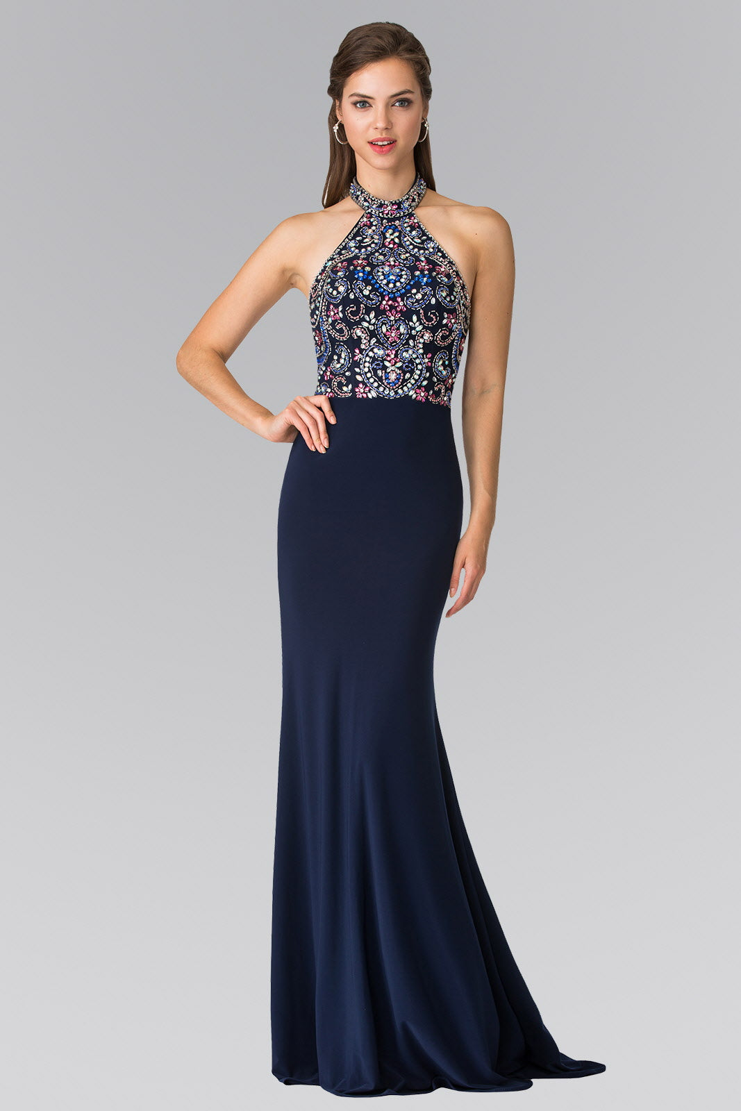 Blush Navy Red Halter Neck Multi Color Beads Embellished Jersey Long Dress