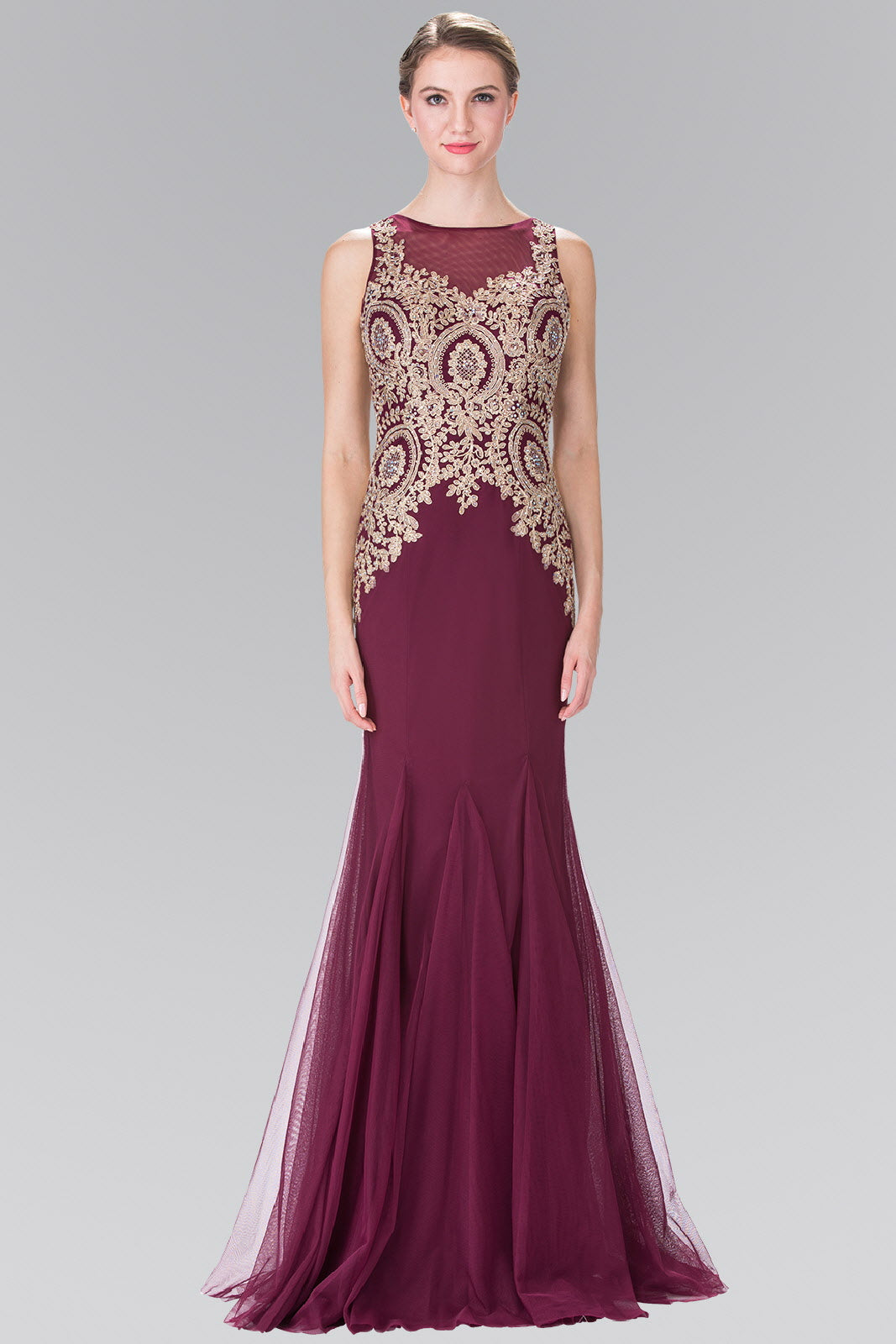 Black Burgundy Royal Blue Embroidered Bodice Long Dress With Sheer Back