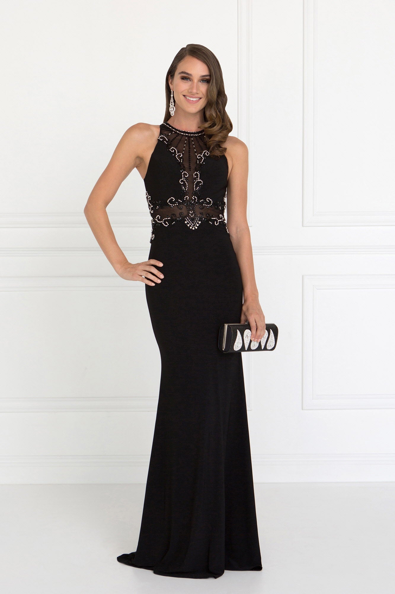 Black Red Beads Embellished Jersey Long Dress With Sheer Back
