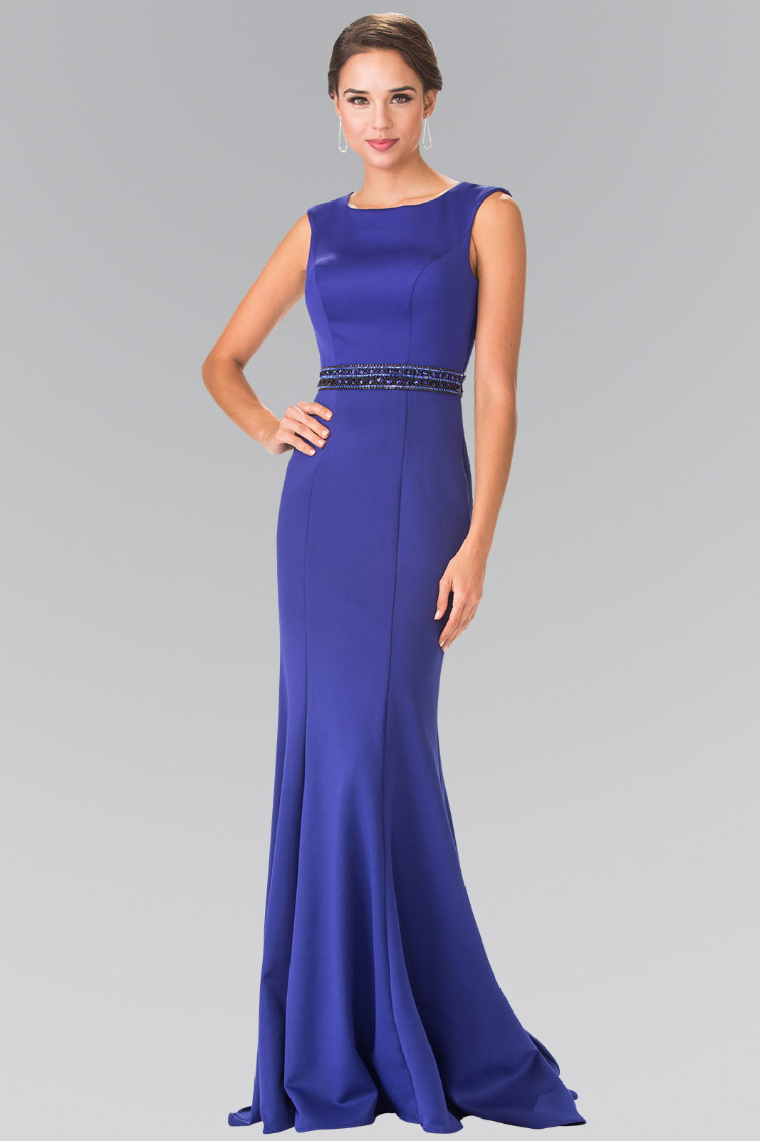 Royal Blue Red Beaded Waist Line Jersey Long Dress With Cut Out Back