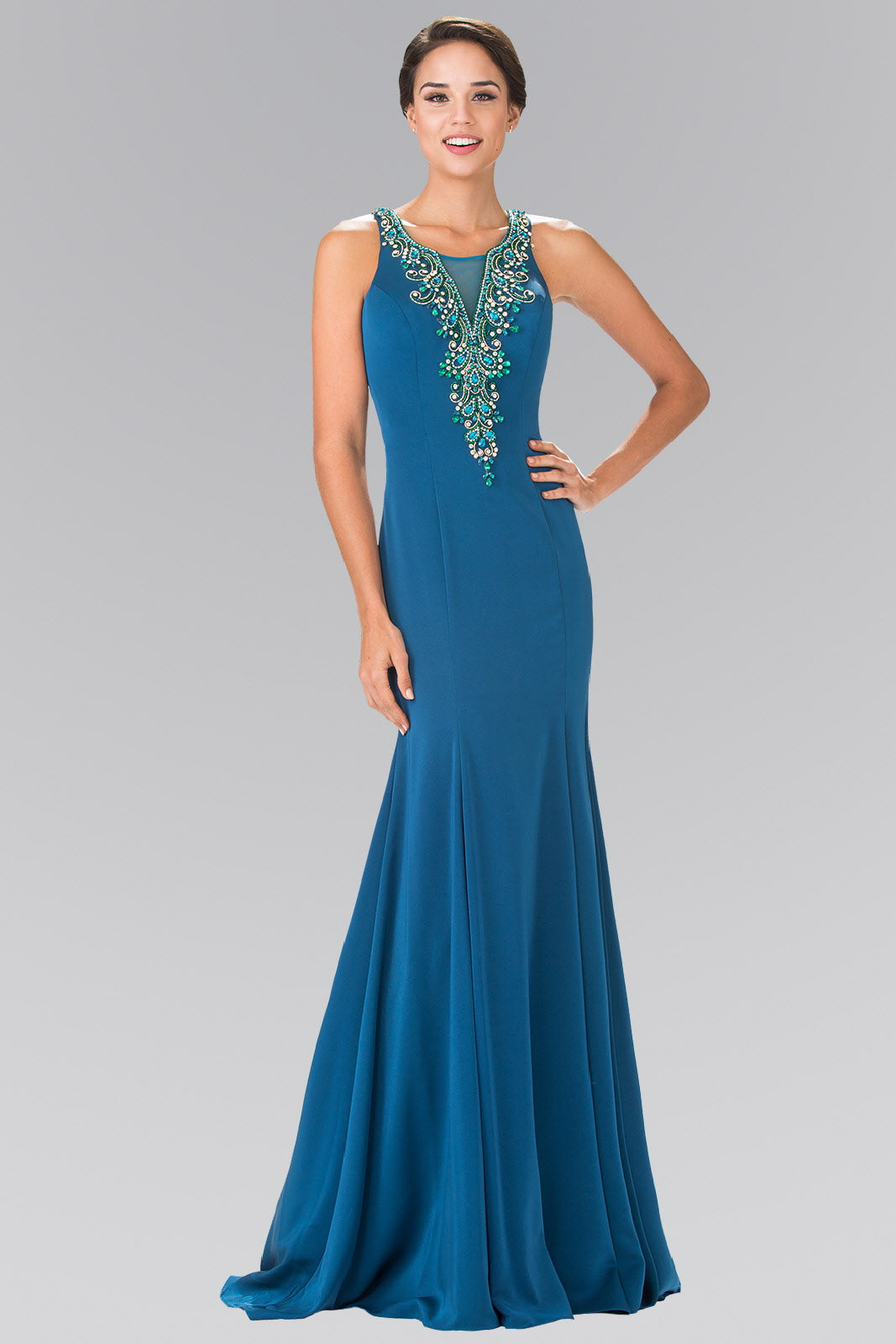 Black Teal Illusion V Neck Beaded Top Long Dress With Sheer Back
