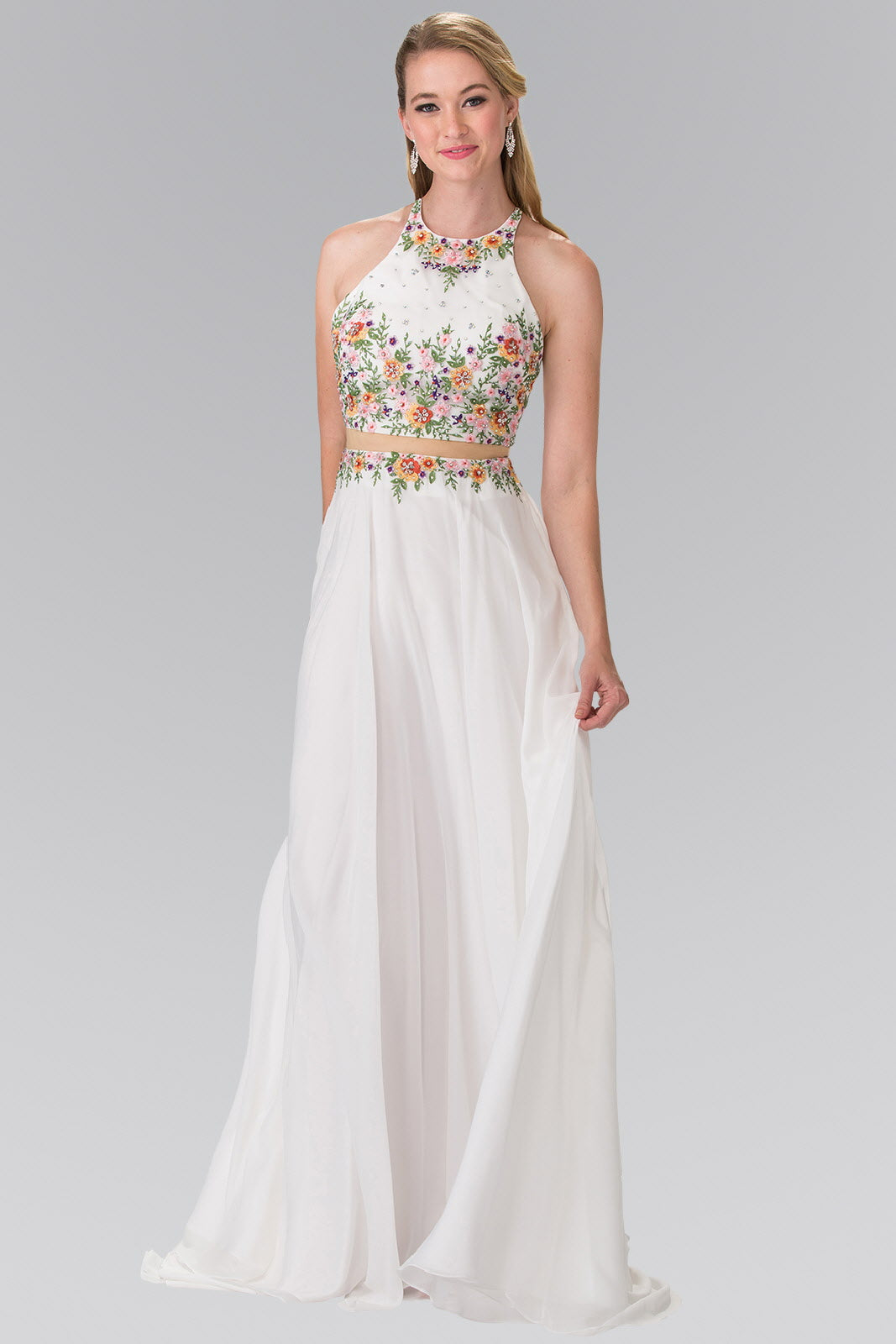 Off White Neon Green High Neck Mock Two Piece Long Dress With Criss Crossing Back Strap