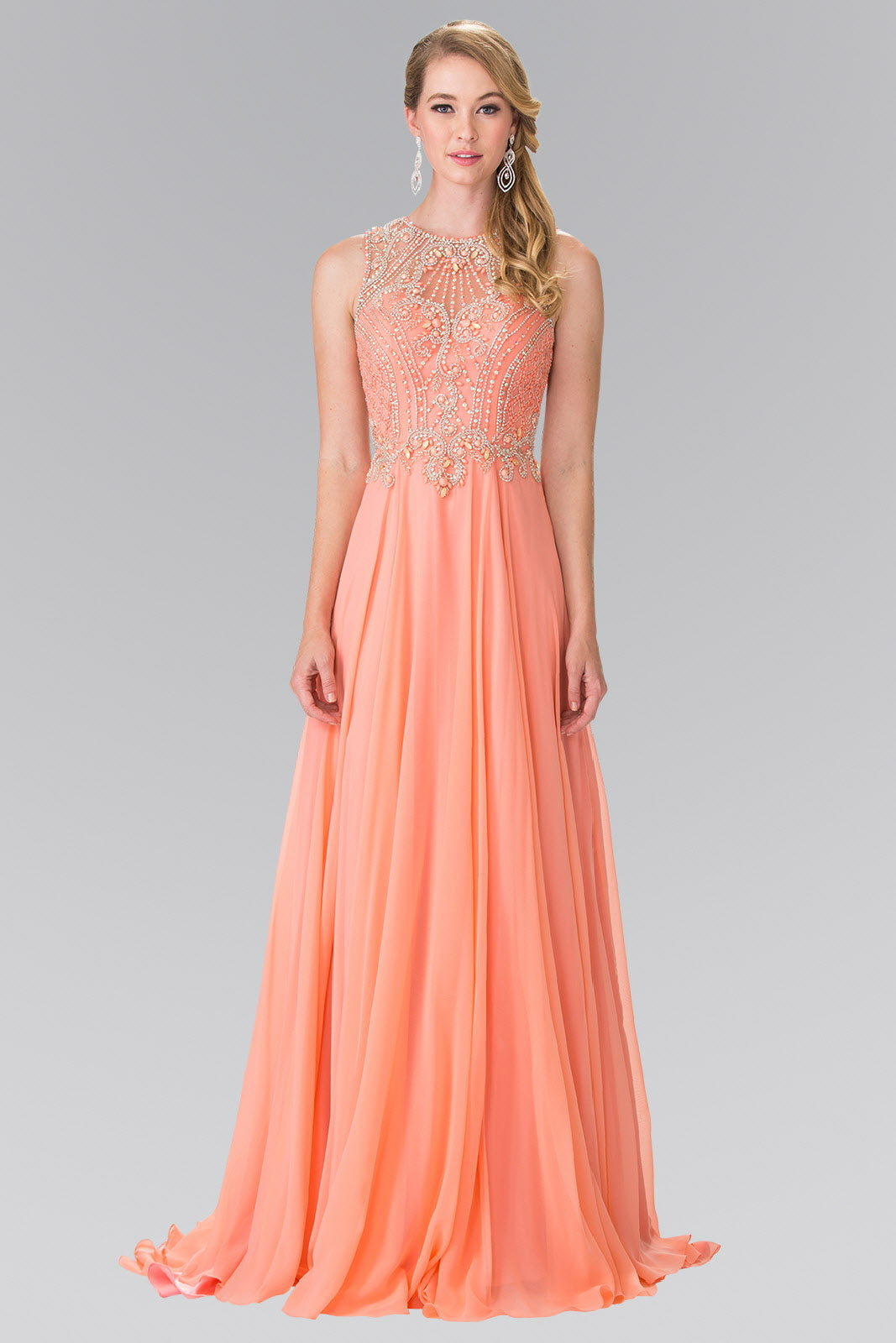Coral Mint Beads Embellished Chiffon Long Dress With Cut Out Back