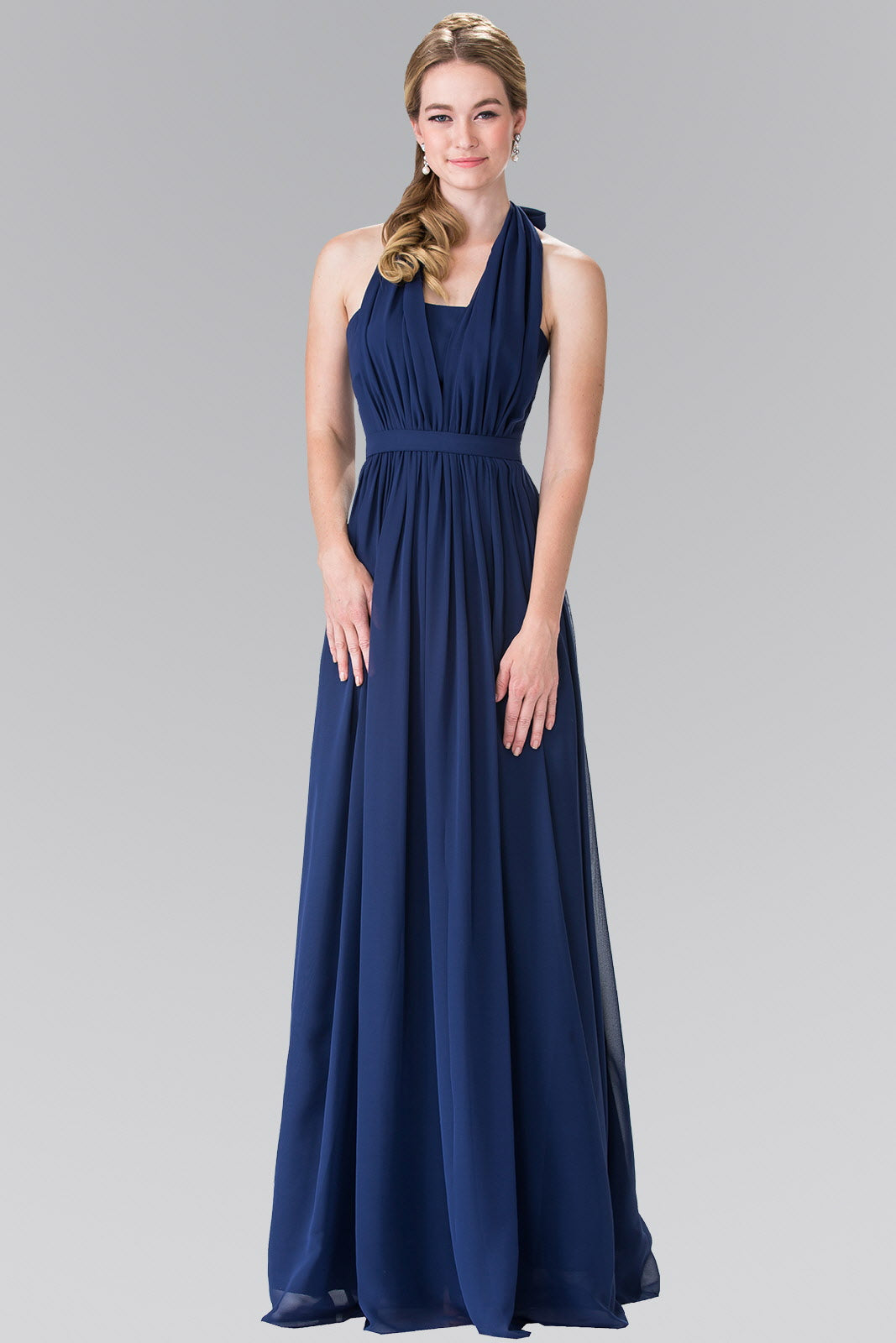 Teal Red Navy Burgundy V Neck Halter Chiffon Long Dress