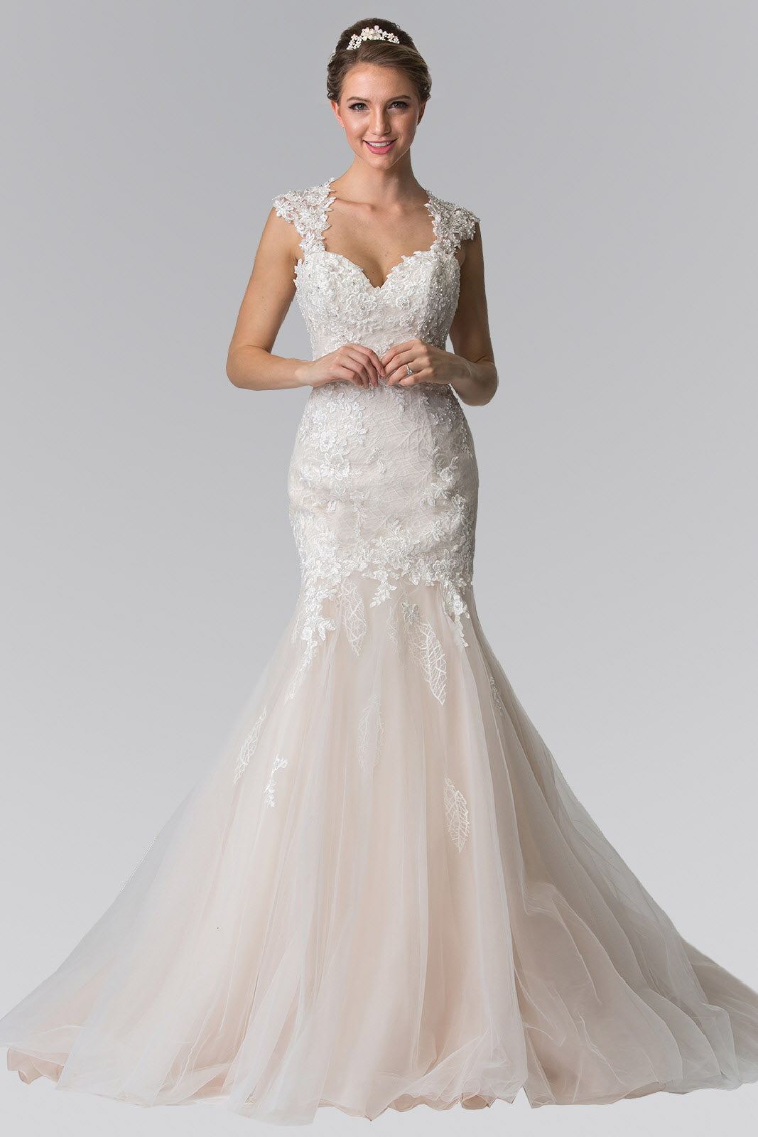 Ivory Champagne Lace Embellished Mermaid Style Wedding Dress