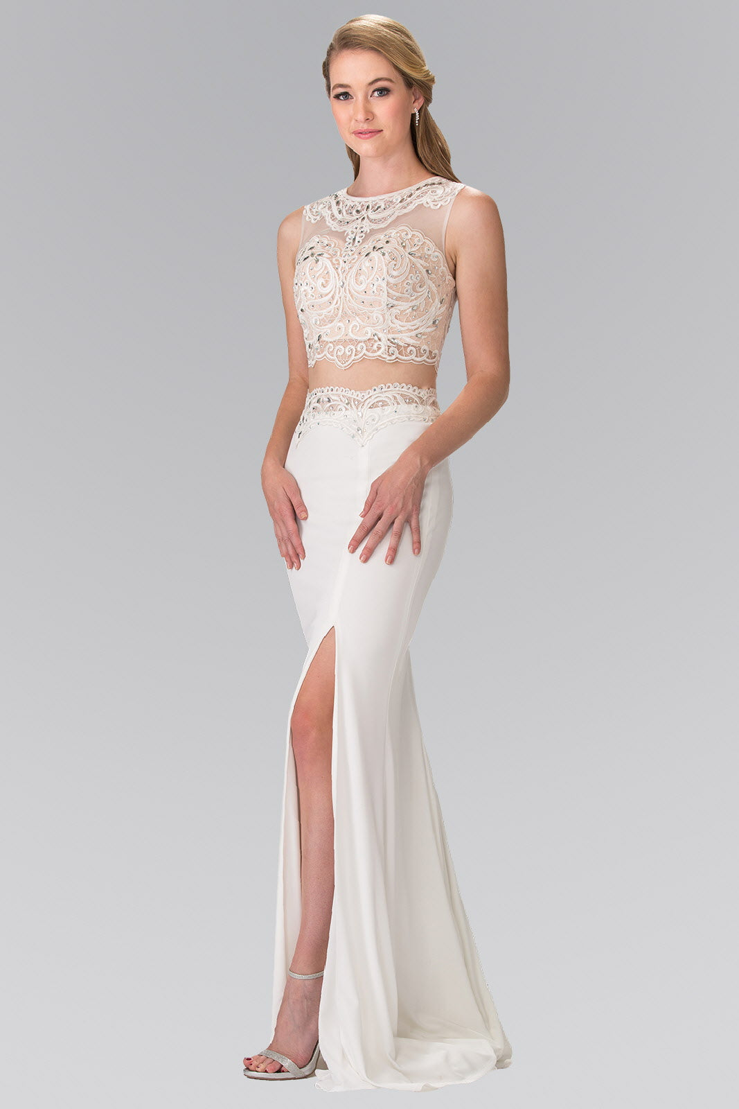Ivory Two Piece Prom Dress With Embellished Lace Top