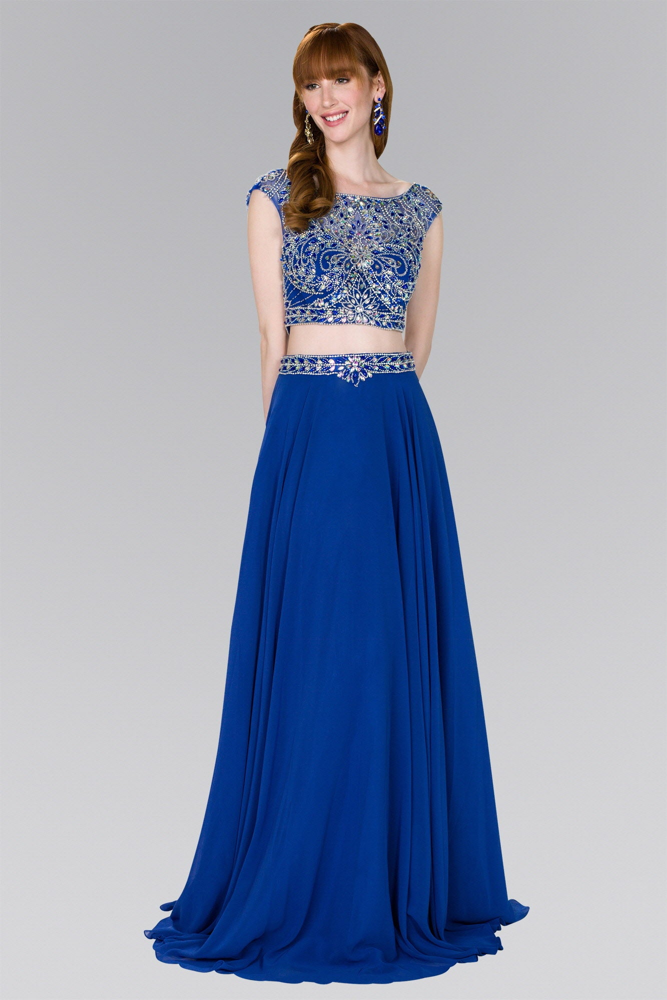 Royal Blue Two Piece Chiffon A Line Long Dress With Jewels