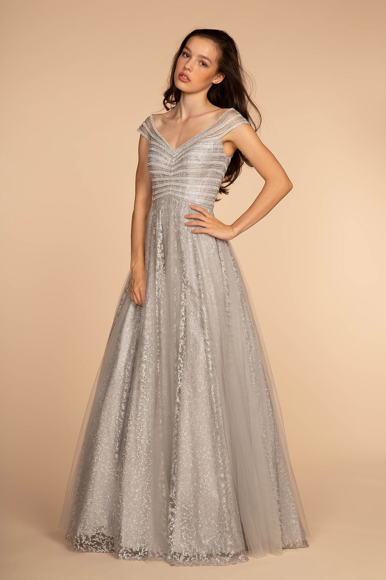 Gold Silver Jewel Embellished Bodice And Glitter Print Skirt Long Dress