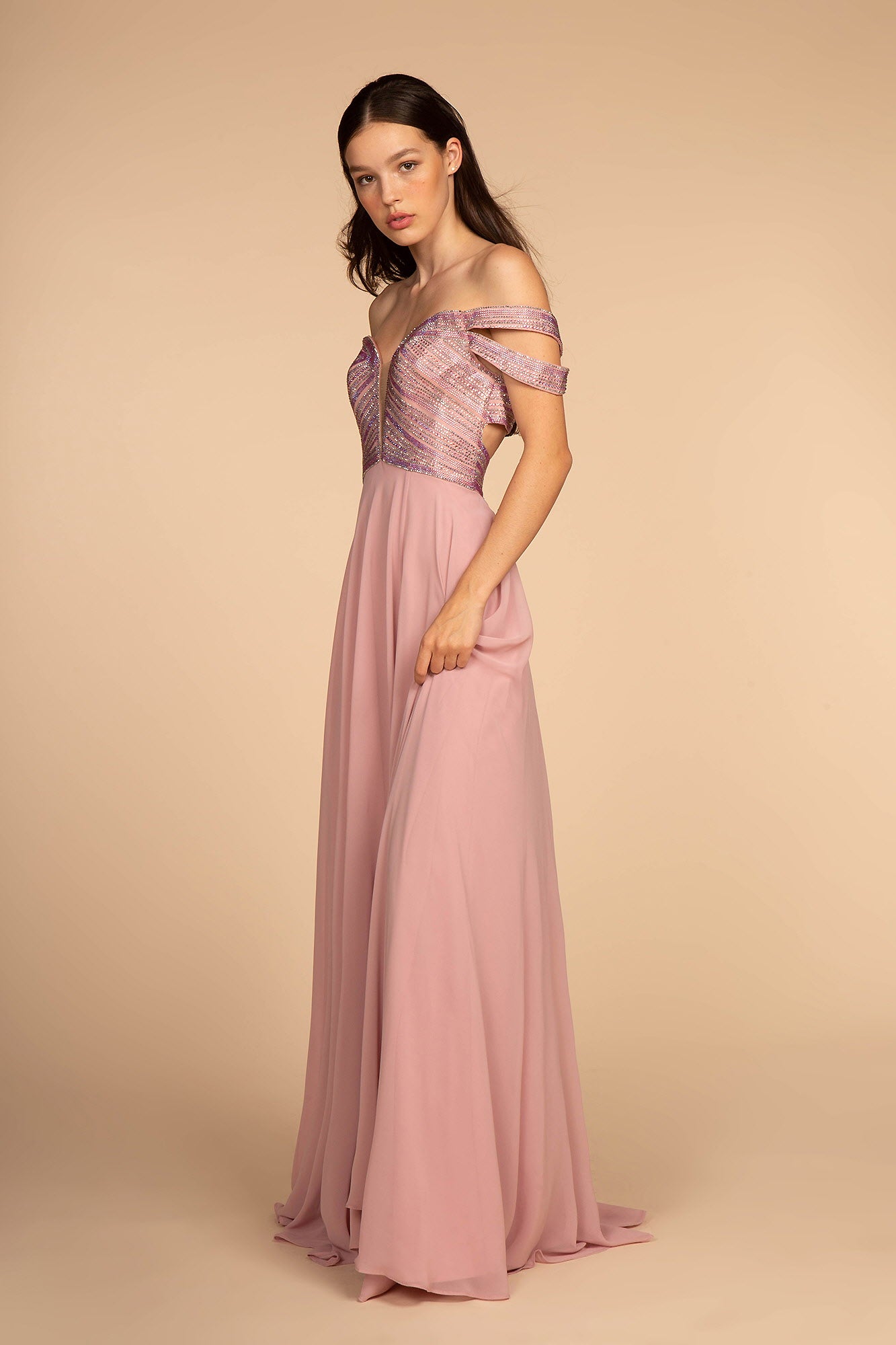 Navy Mauve Jewel Embellished Bodice Illusion Deep V Neck Chiffon Long Dress