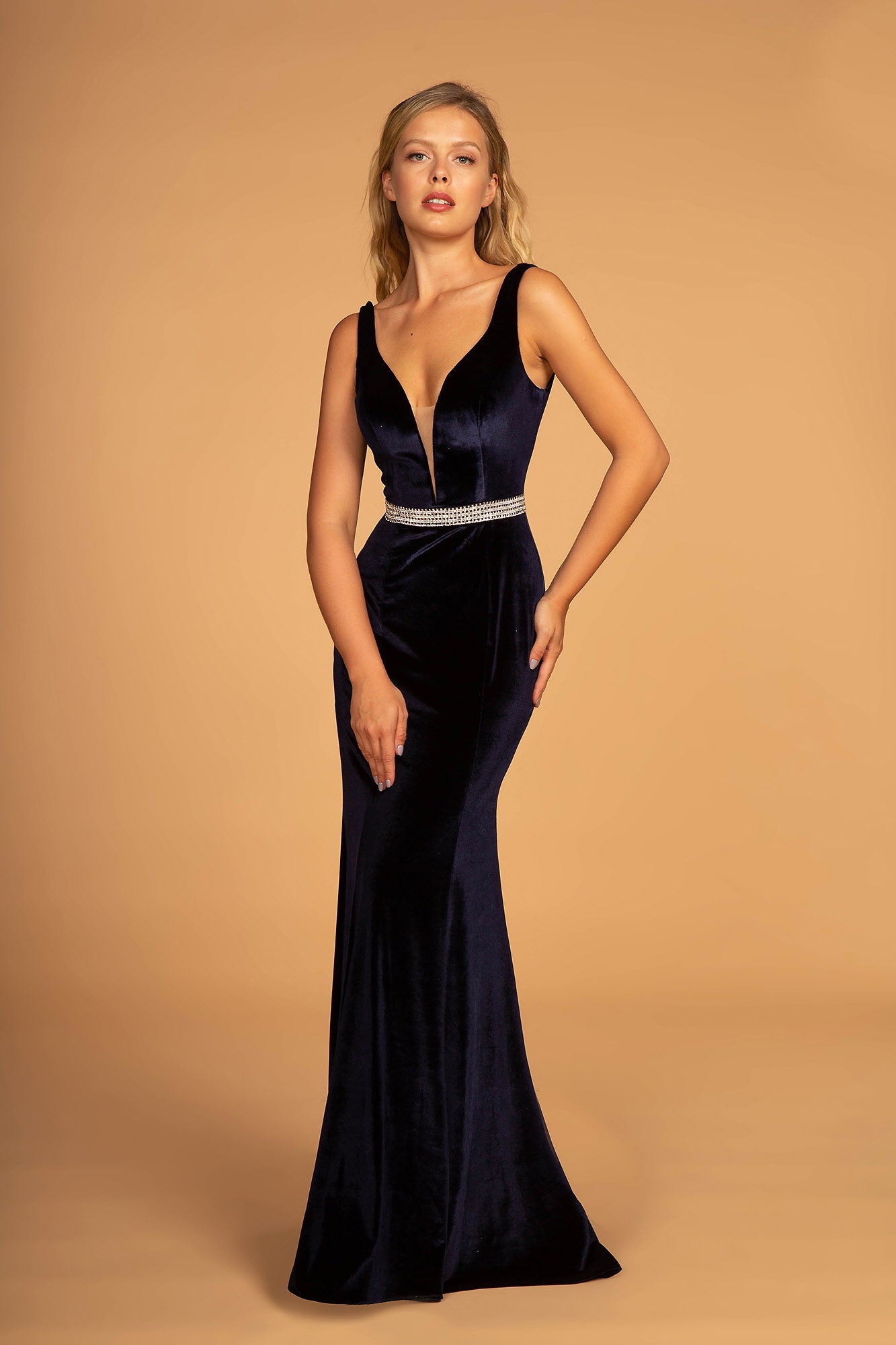 Navy Black Burgundy Jewel Accented Waist Line V Neck Velvet Dress With U Back