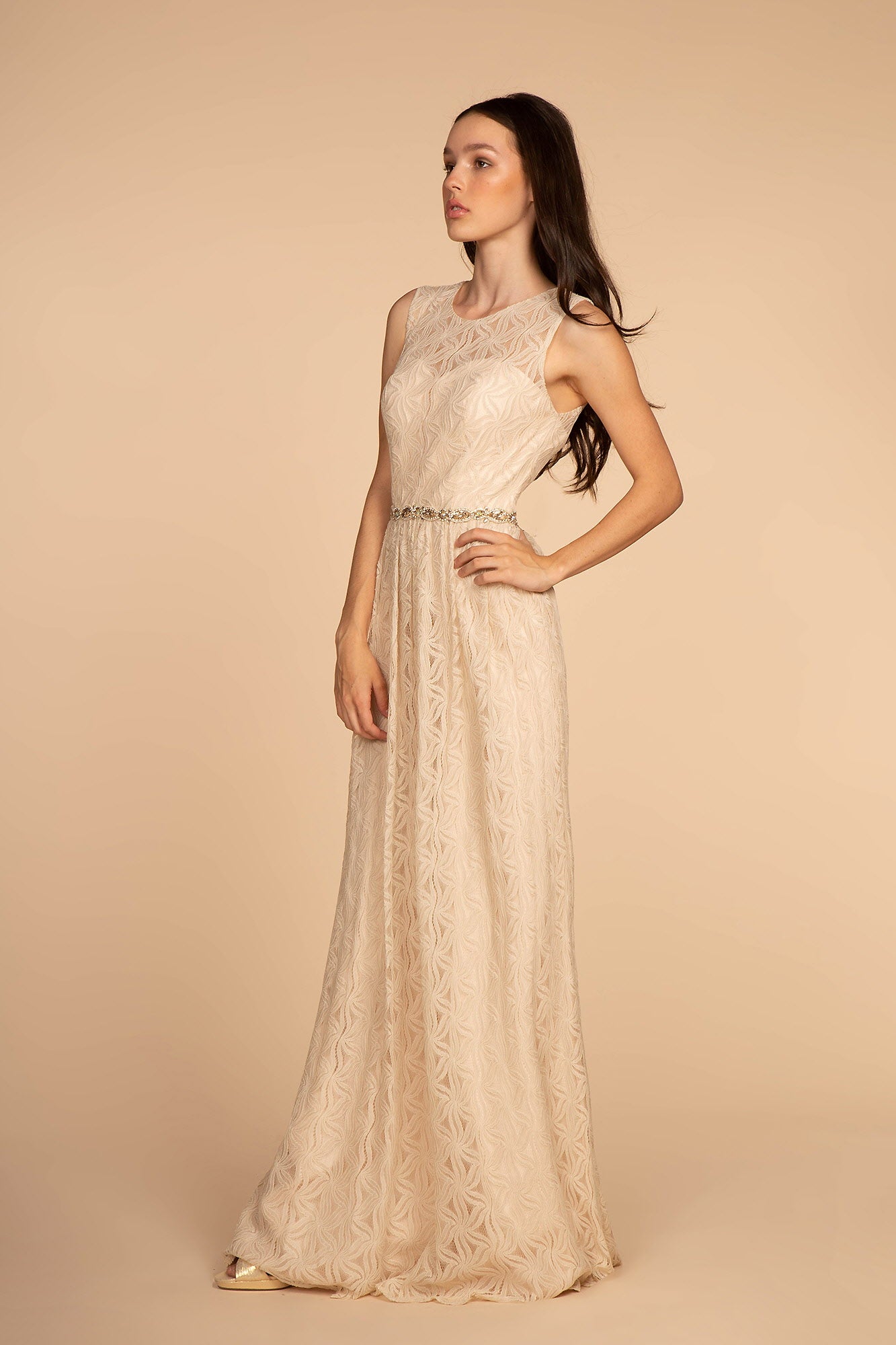 Champagne Mauve Jewel Embellished Waist Lace Long Dress
