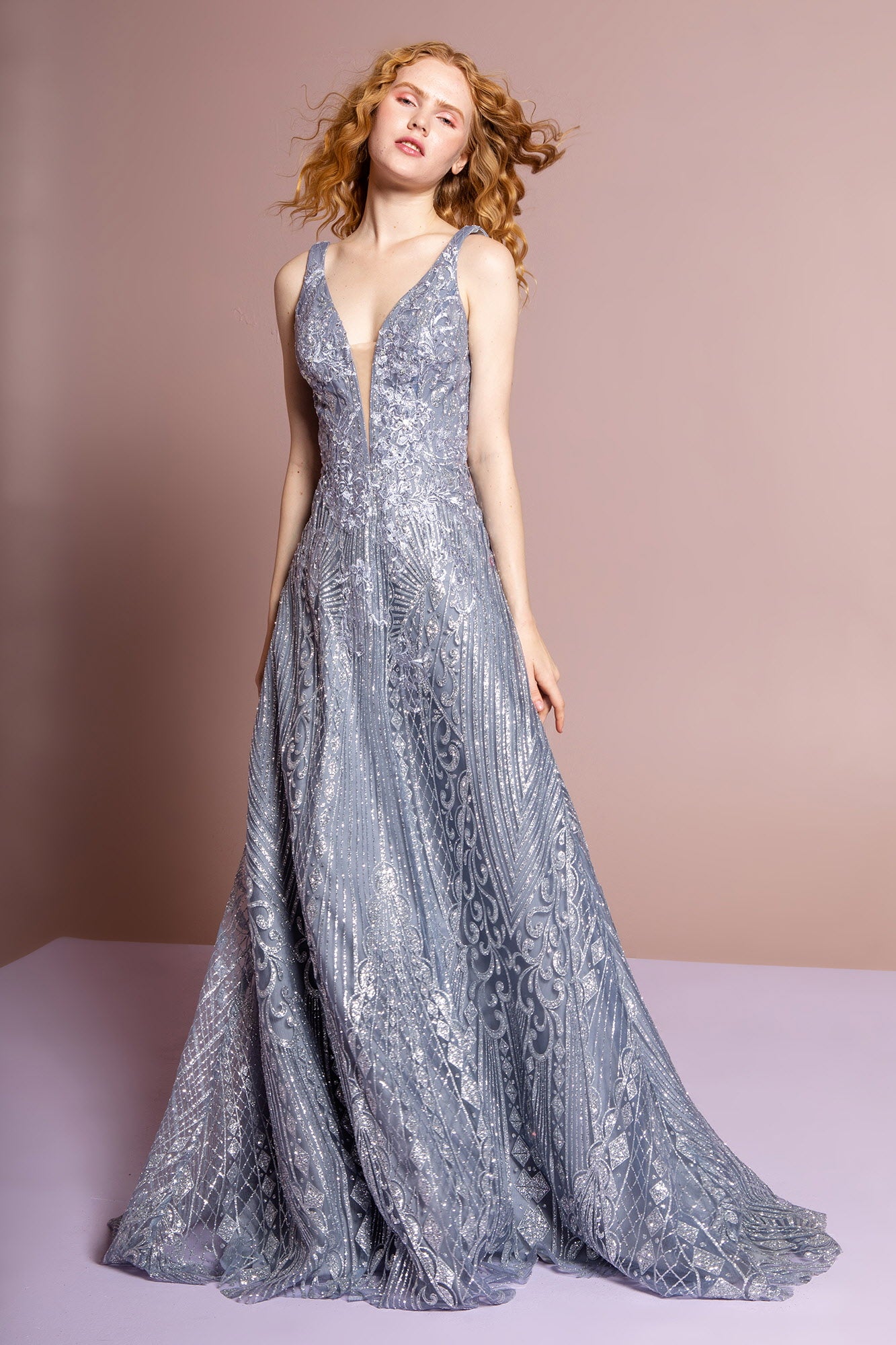 Silver V Neck Glitter Mesh A Line Dress