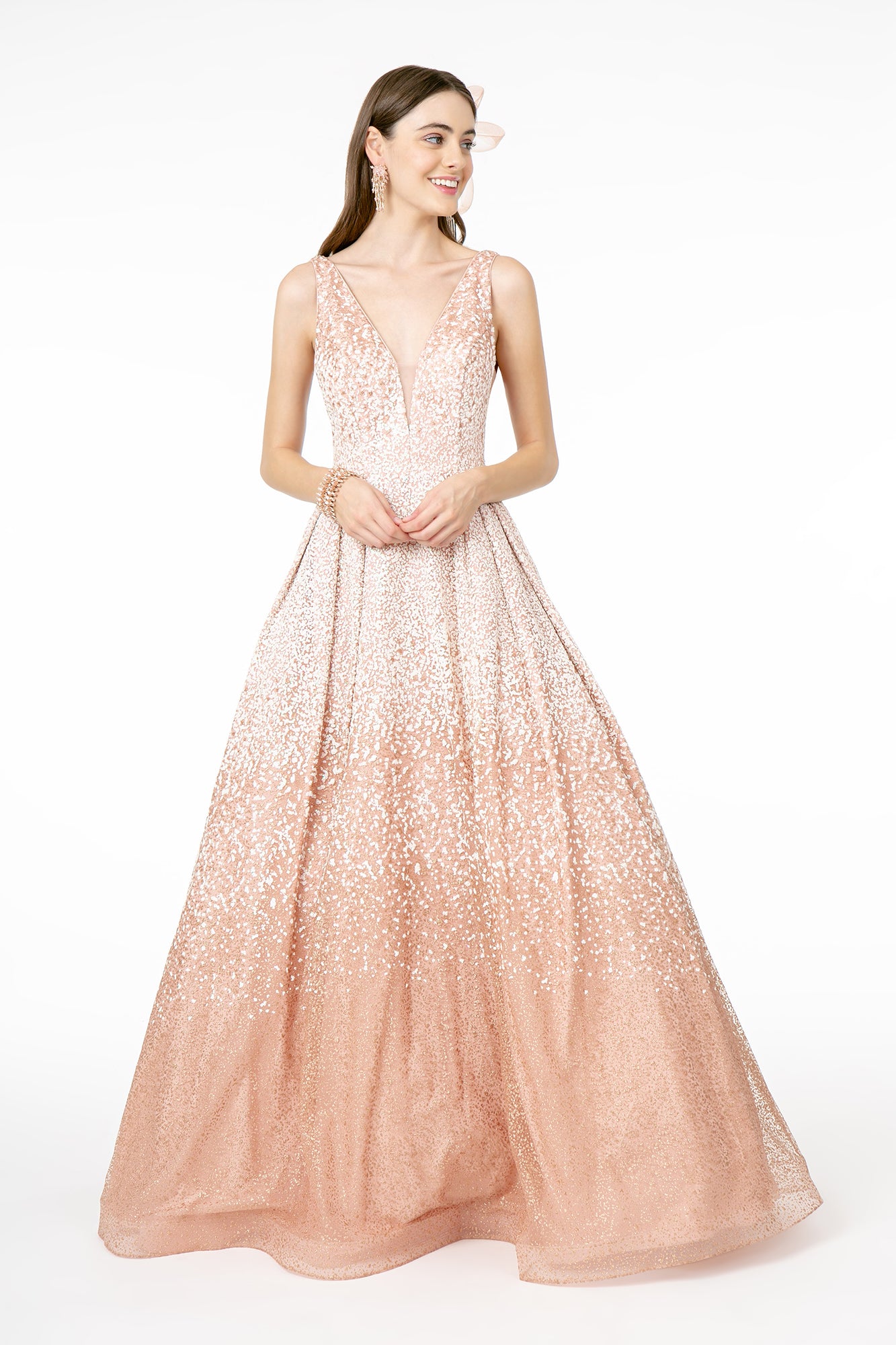 Blush Illusion Deep V Neck Glitter Tulle A Line Dress