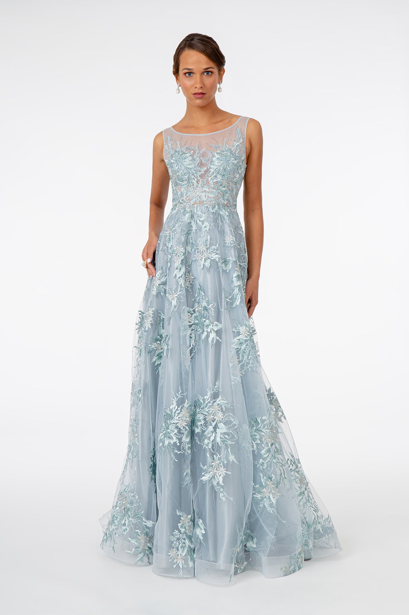 Grey Blue Embroidered Mesh A Line Long Dress